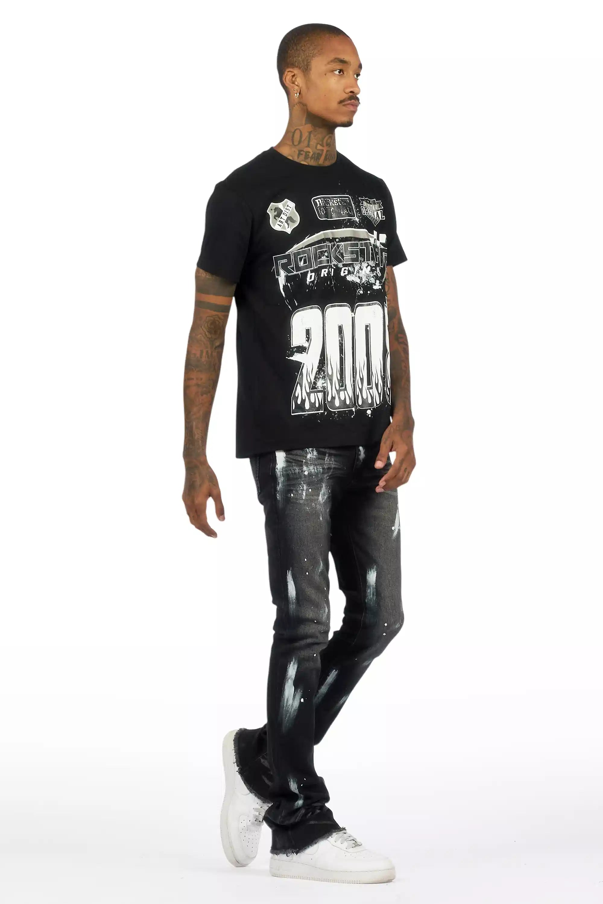 Amos Black T-Shirt/Painted Stacked Flare Jean