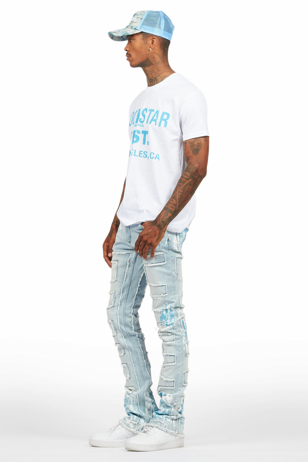 Saxon White/Blue T-Shirt/Stacked Flare Jean Set