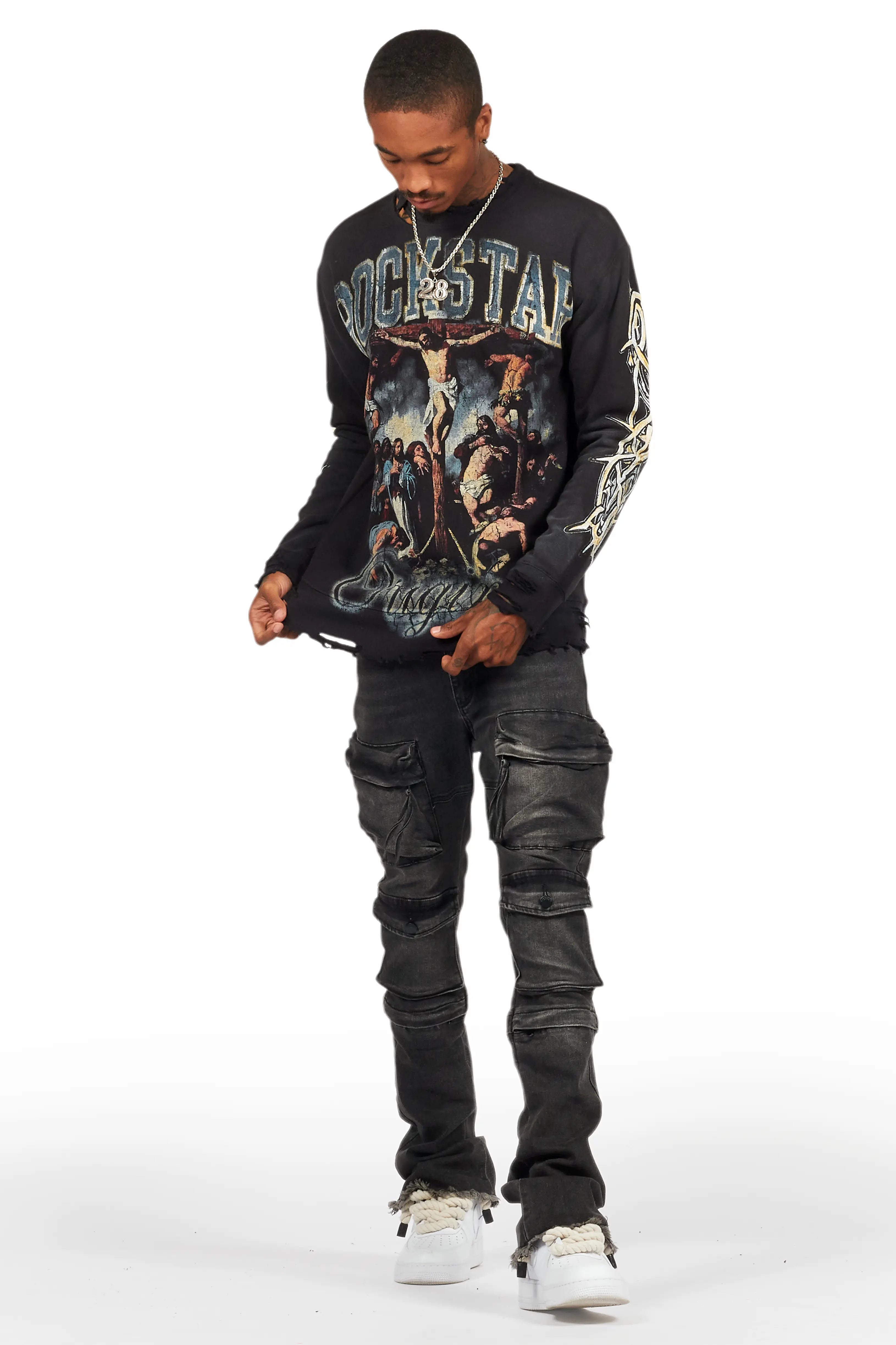 Jan Black Stacked Flare Cargo Jean