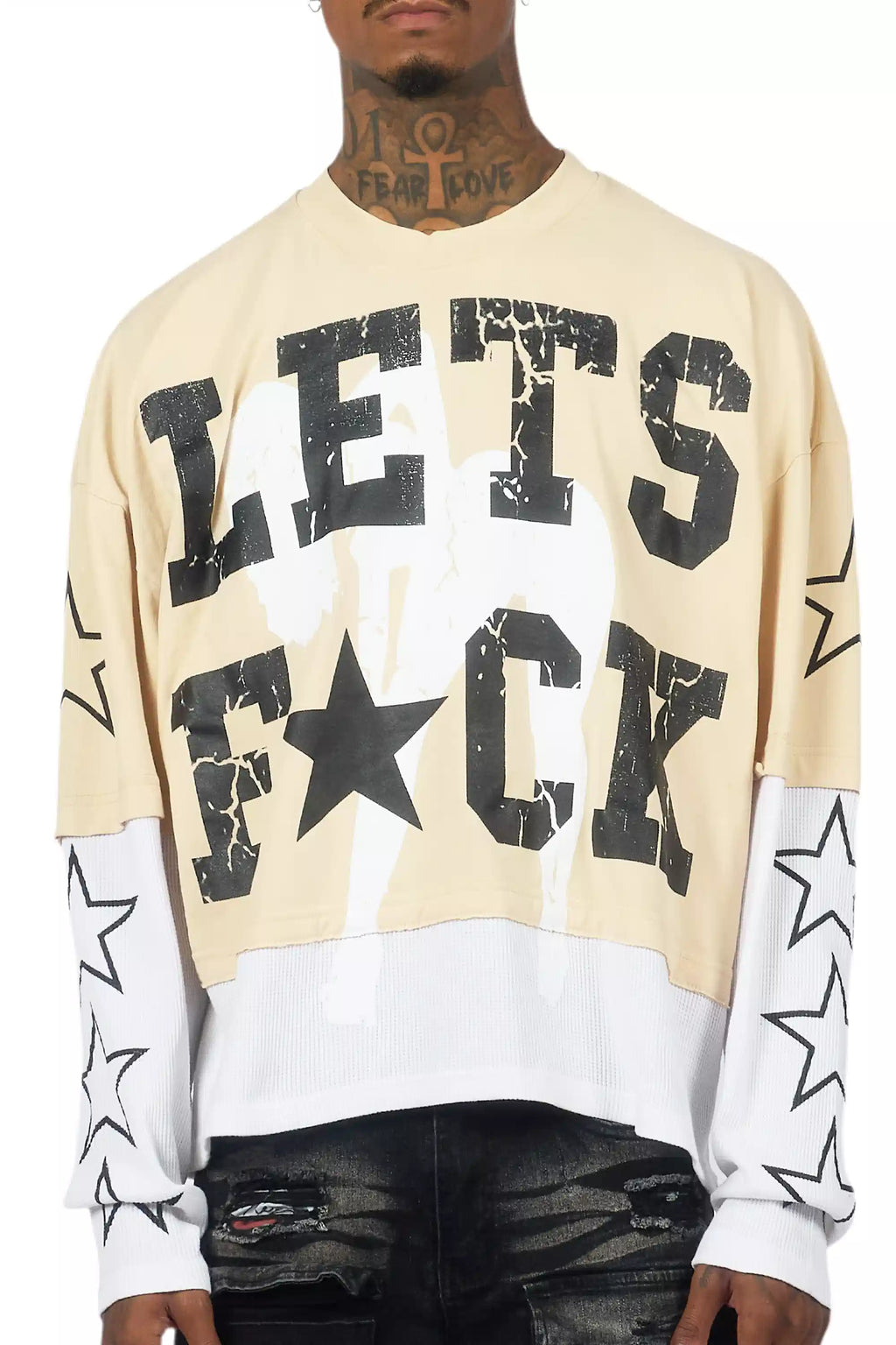 Pacino Beige/Black Boxy Crop Double Layer Tee