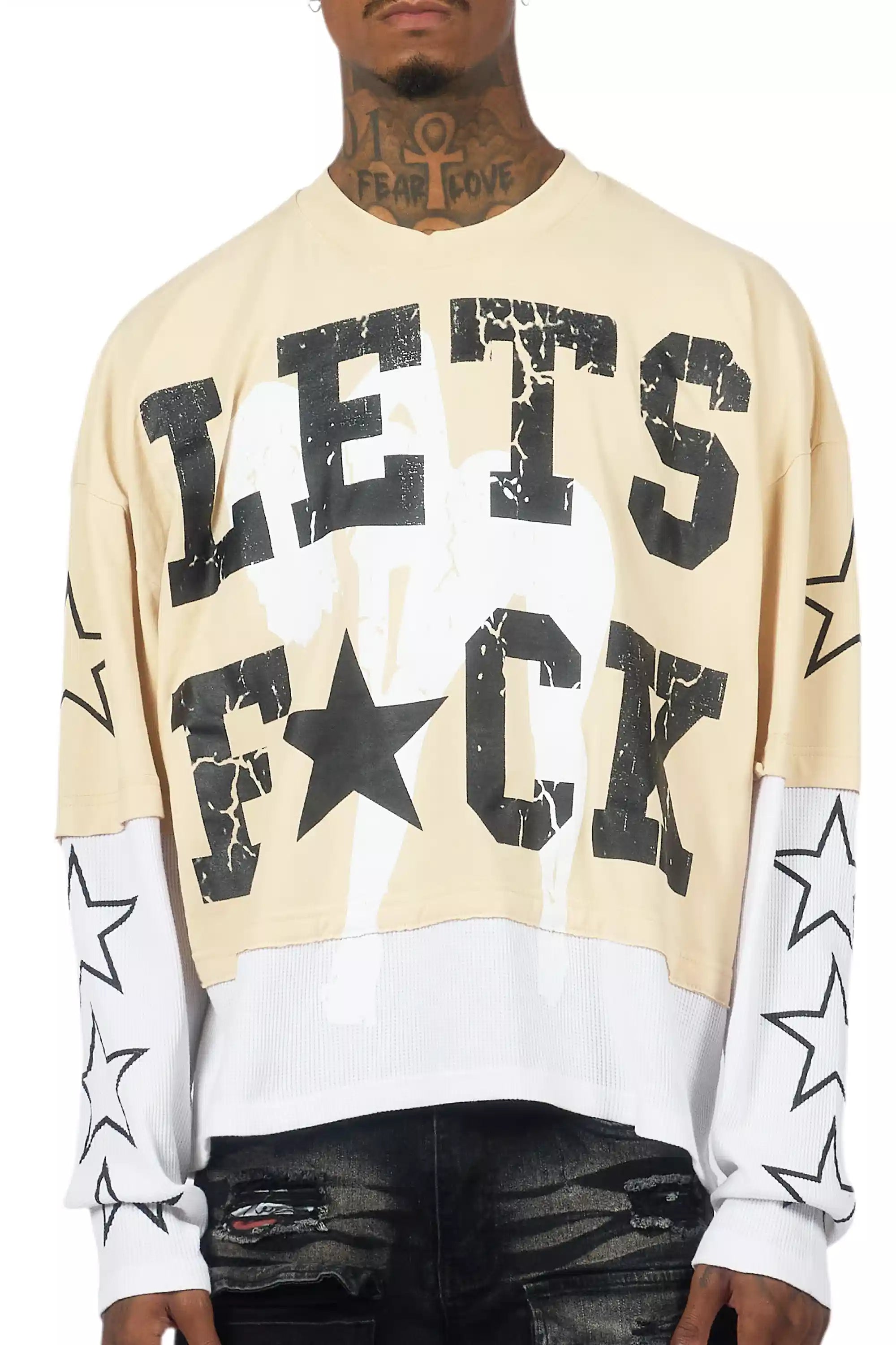 Pacino Beige/Black Boxy Crop Double Layer Tee