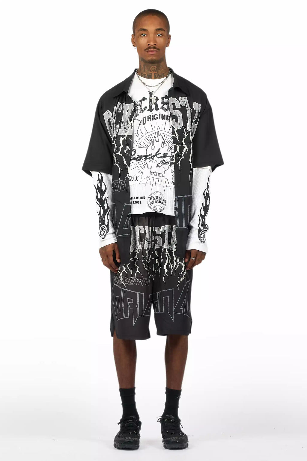 Hustle Black Button Down Short Set