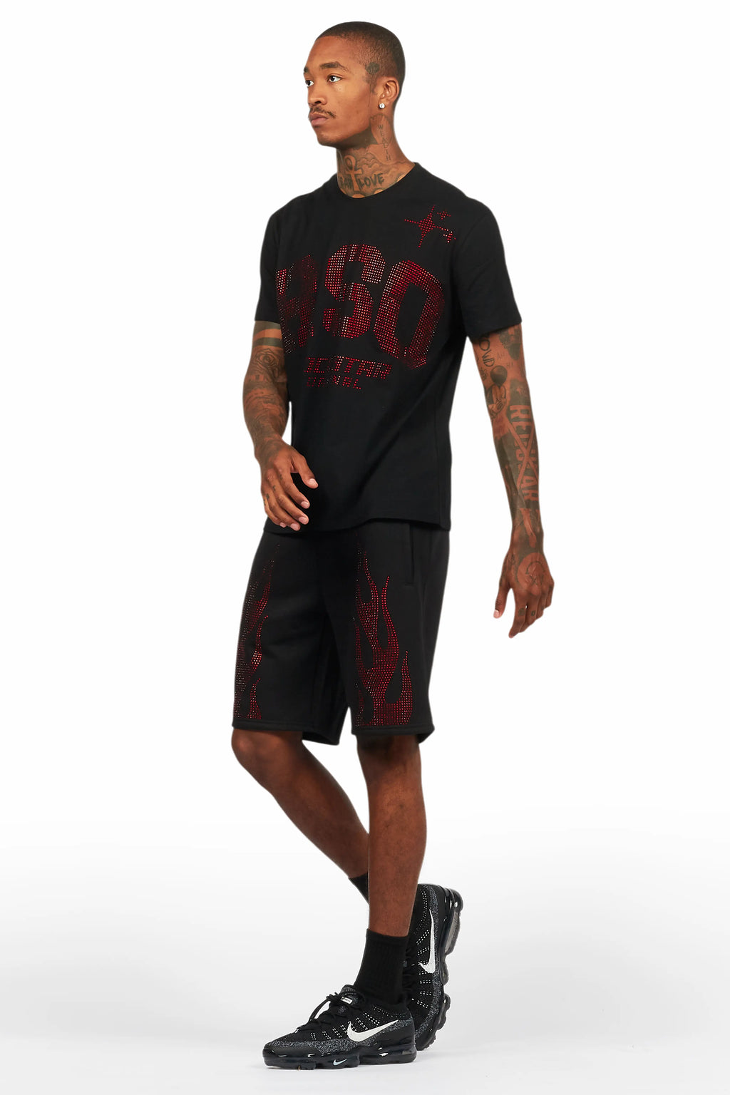 Bellamy Black/Red Rhinestone Tee Short Set