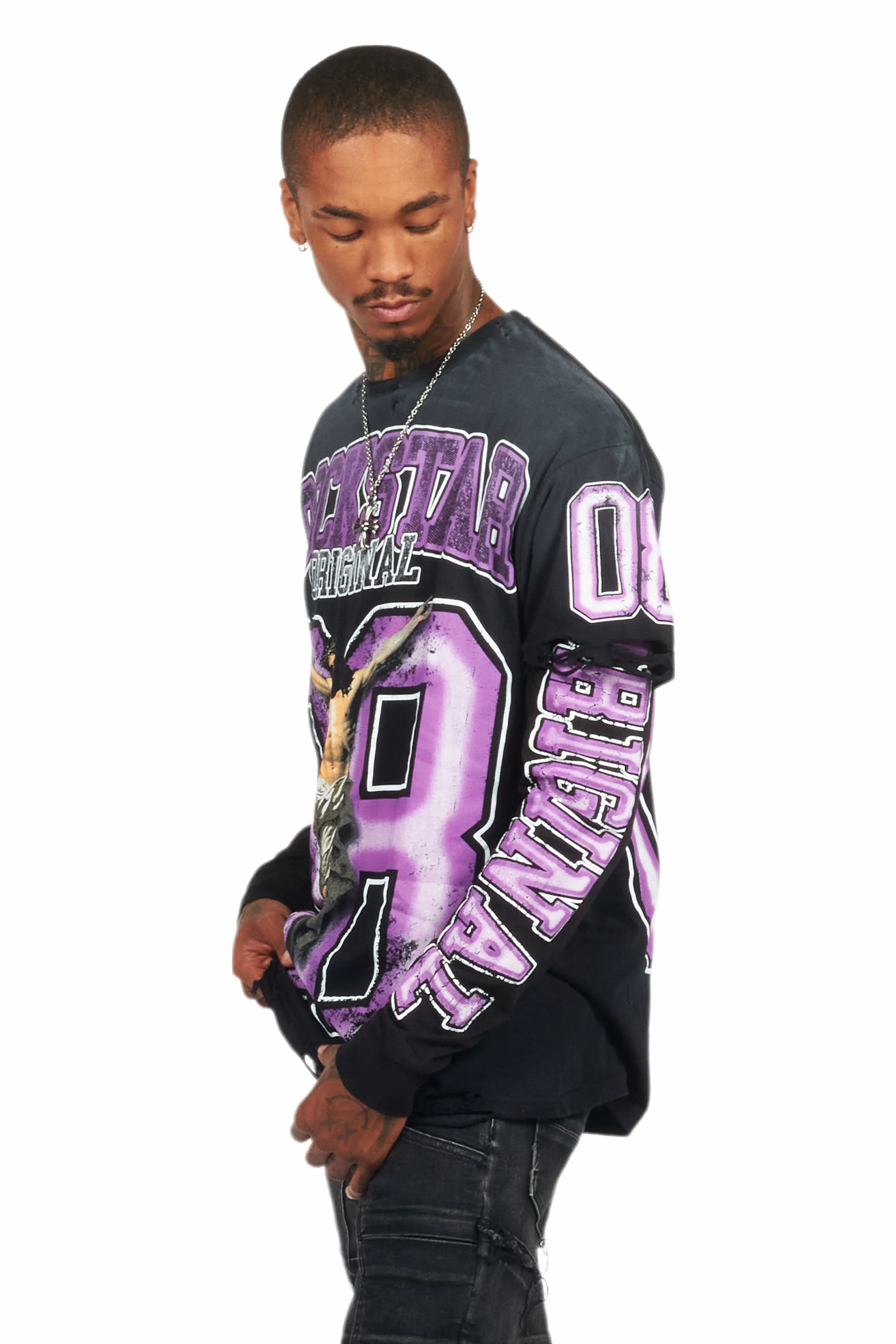 Fields Black/Purple Double Layer Long Sleeve Graphic T-Shirt