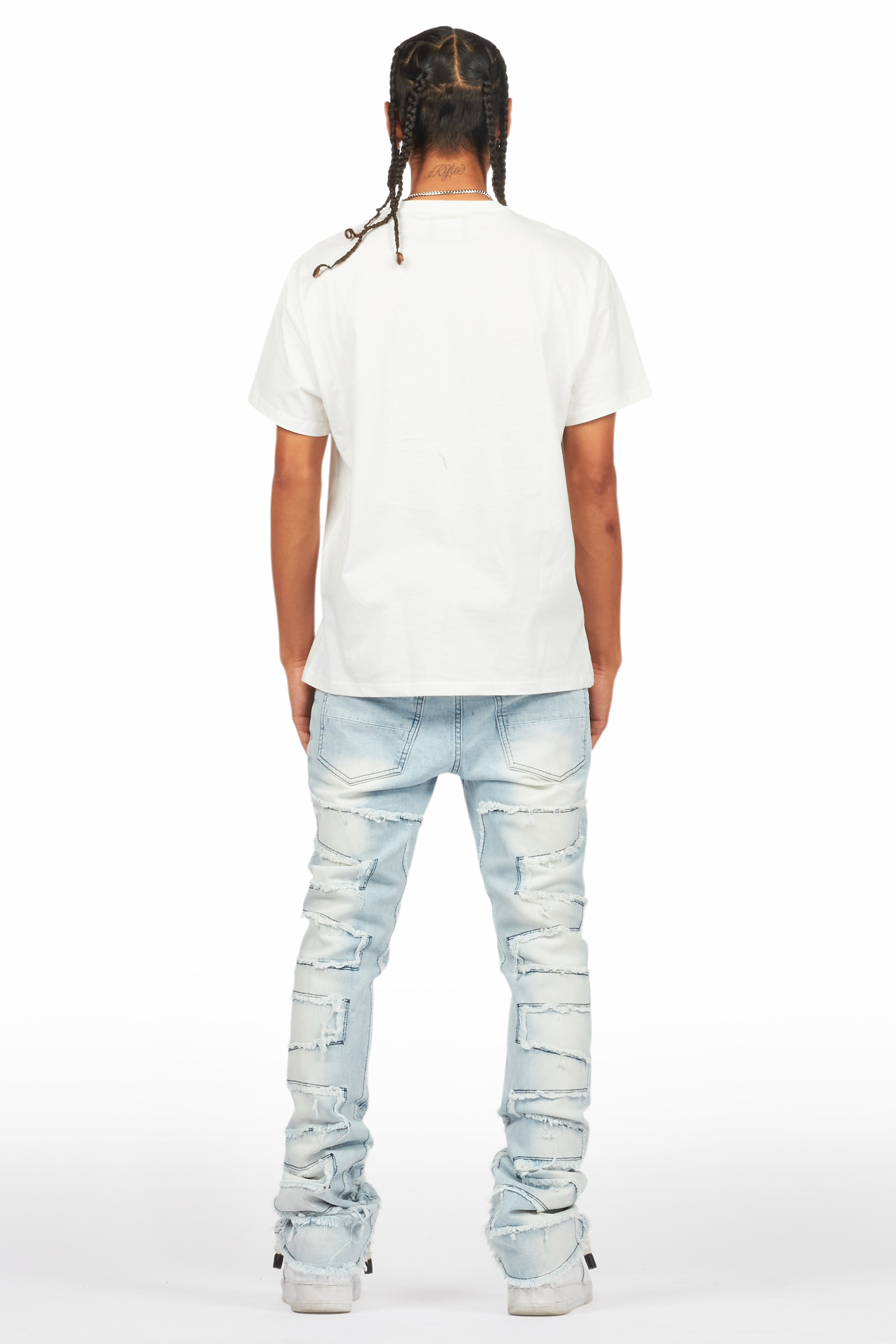 Shake Light Blue Rhinestone Stacked Flare Jean