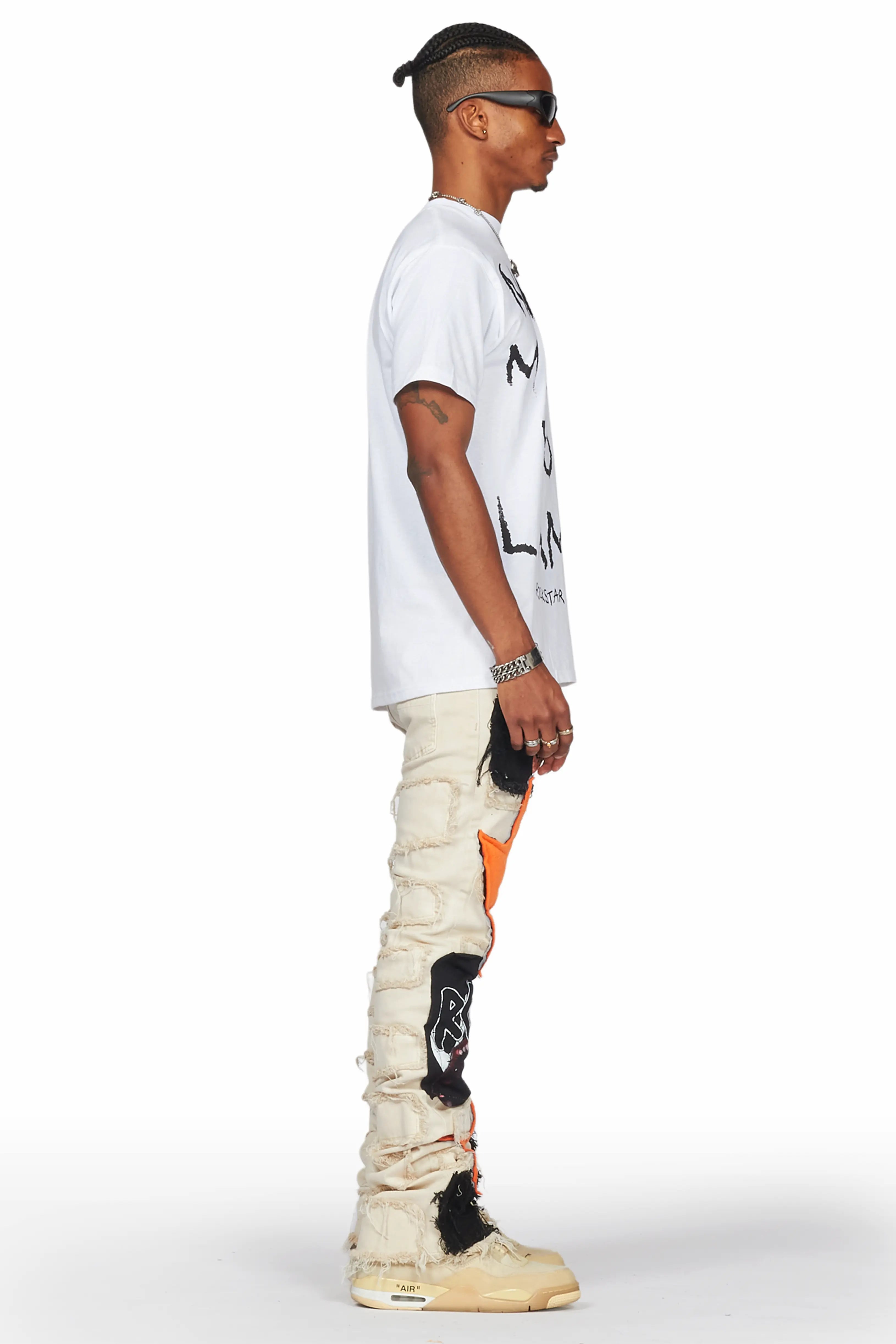 Calais Beige/Orange Patchwork Stacked Flare Jean