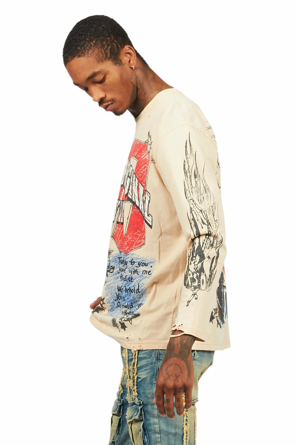 Jesus Crayon Beige Long Sleeve Graphic T-Shirt