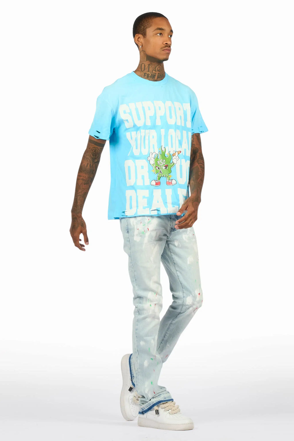 Tarl Blue Oversized T-Shirt/Stacked Flare Jean Set