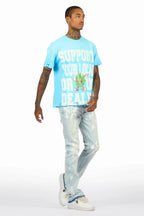 Tarl Blue Oversized T-Shirt/Stacked Flare Jean Set