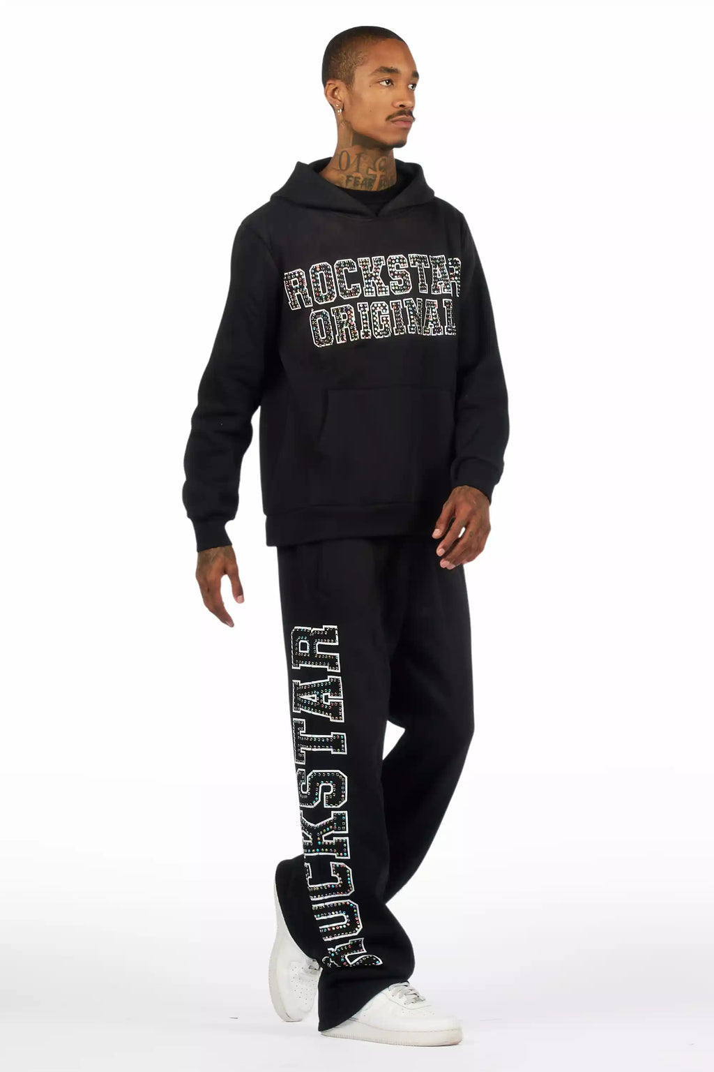 Ustin Black Rhinestone Hoodie Relaxed Track Set