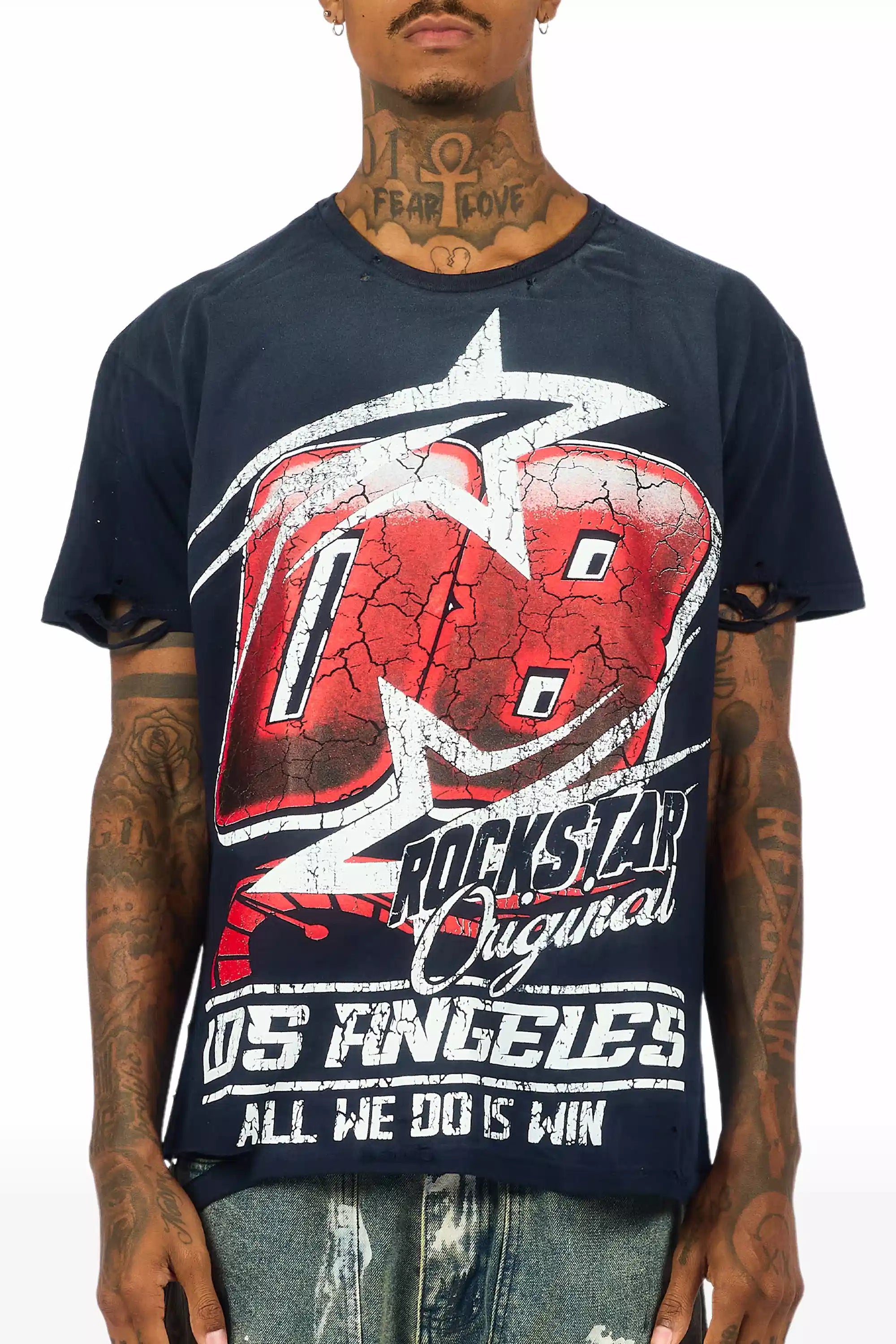 Kastell Navy/White Oversized Distressed Graphic T-Shirt