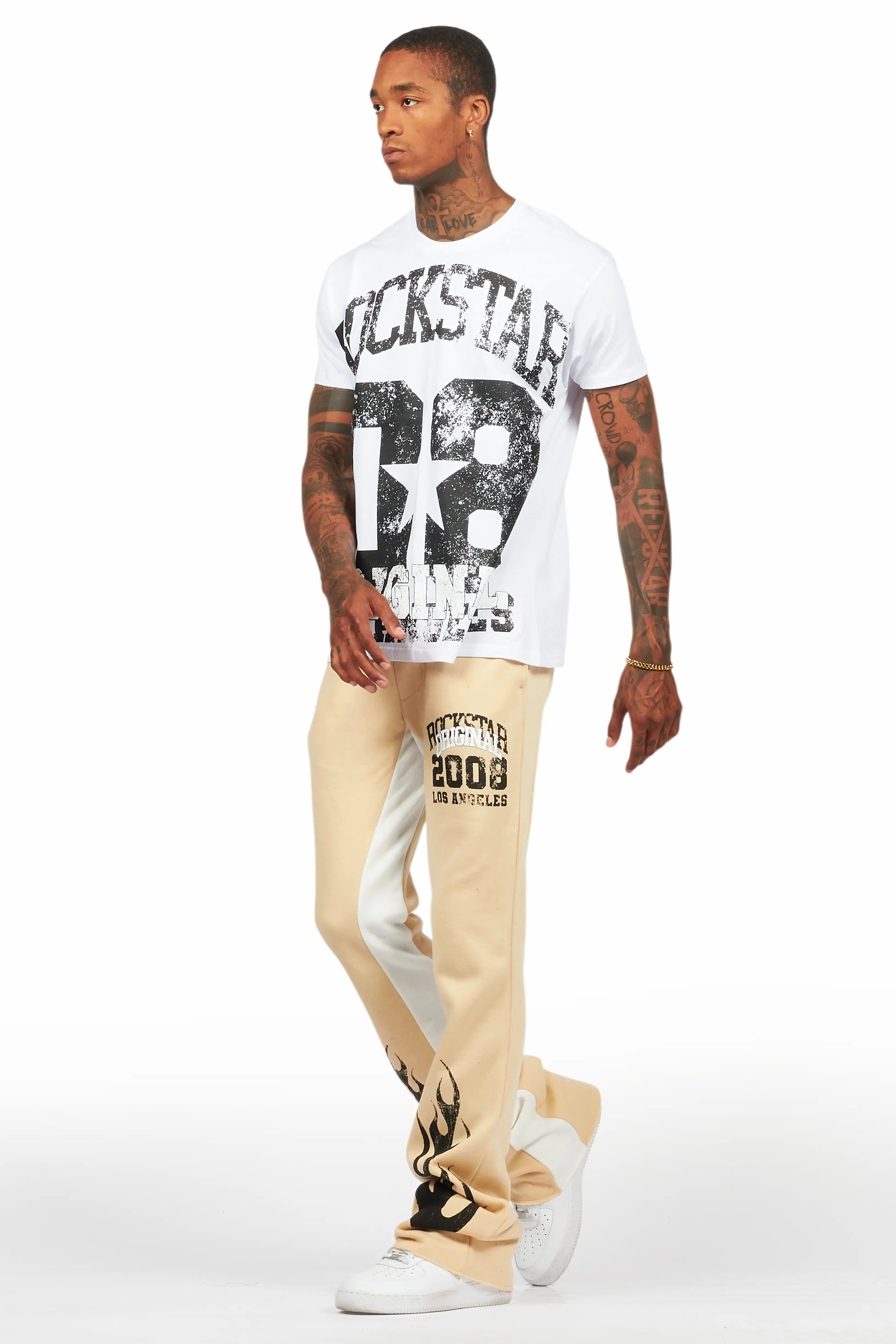 Edel White/Beige T-Shirt/Stacked Baggy Track Pant Set