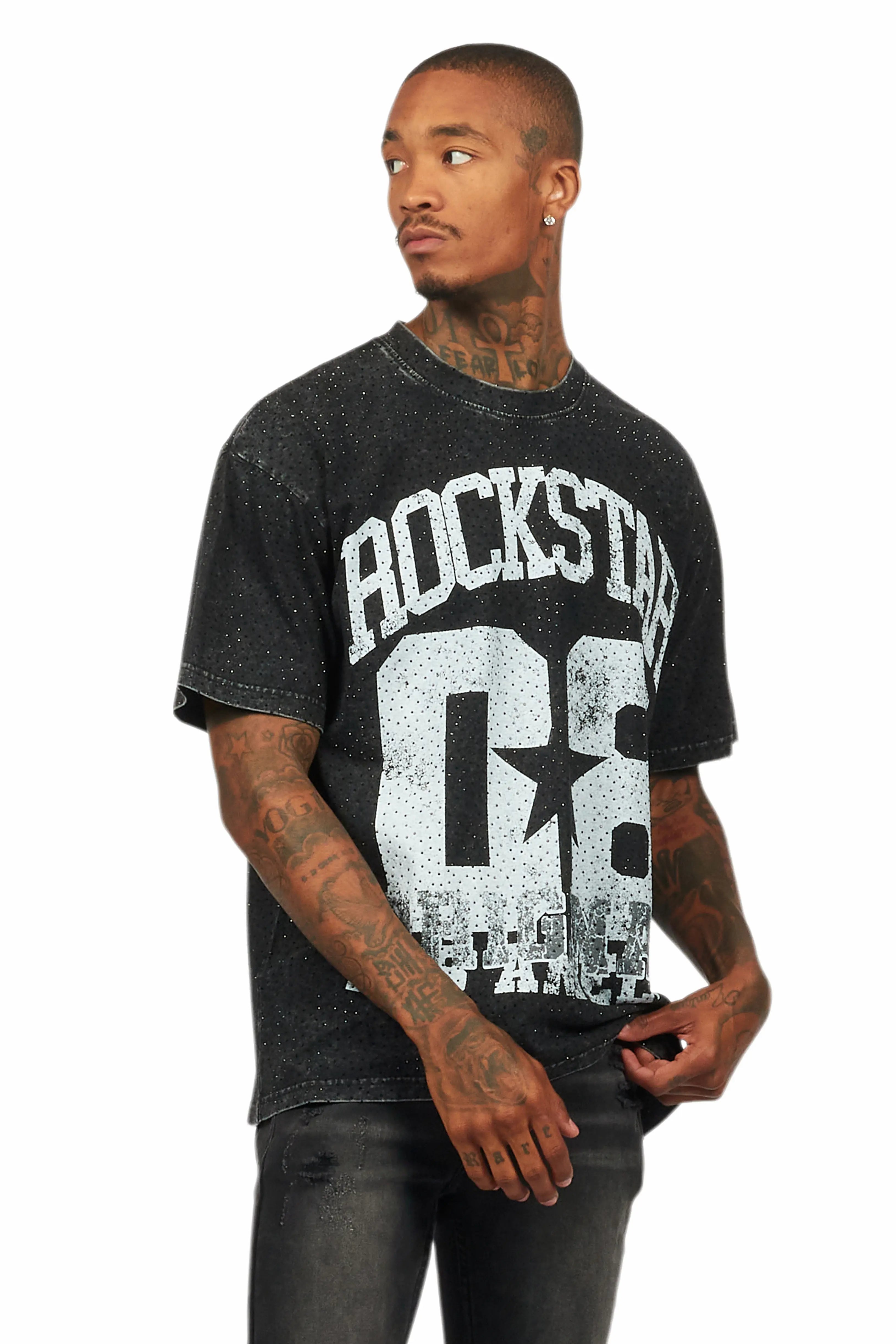 Flamur Black Graphic Rhinestone T-Shirt