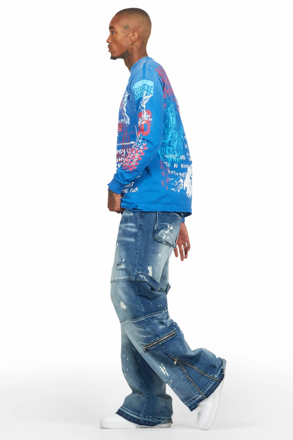 Gabin Royal Blue Long Sleeve Graphic T-Shirt