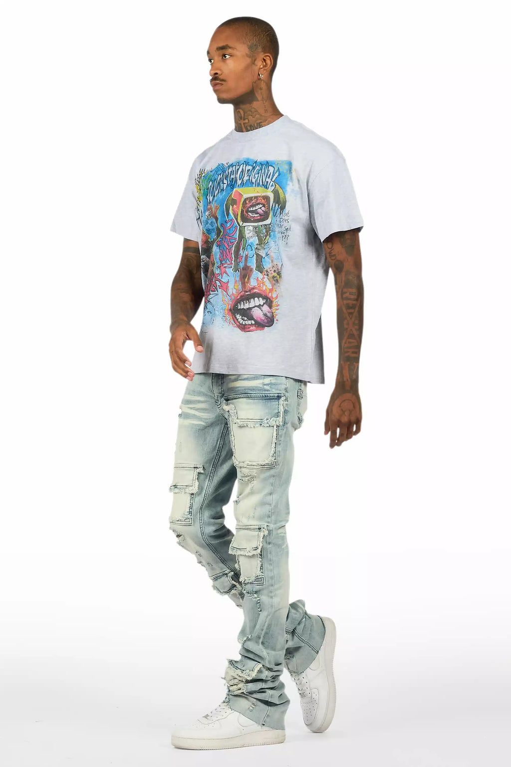 Yooz Heather Grey/Blue Oversized T-Shirt/Super Stacked Flare Jean Bundle