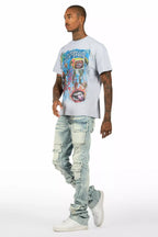 Yooz Heather Grey/Blue Oversized T-Shirt/Super Stacked Flare Jean Bundle
