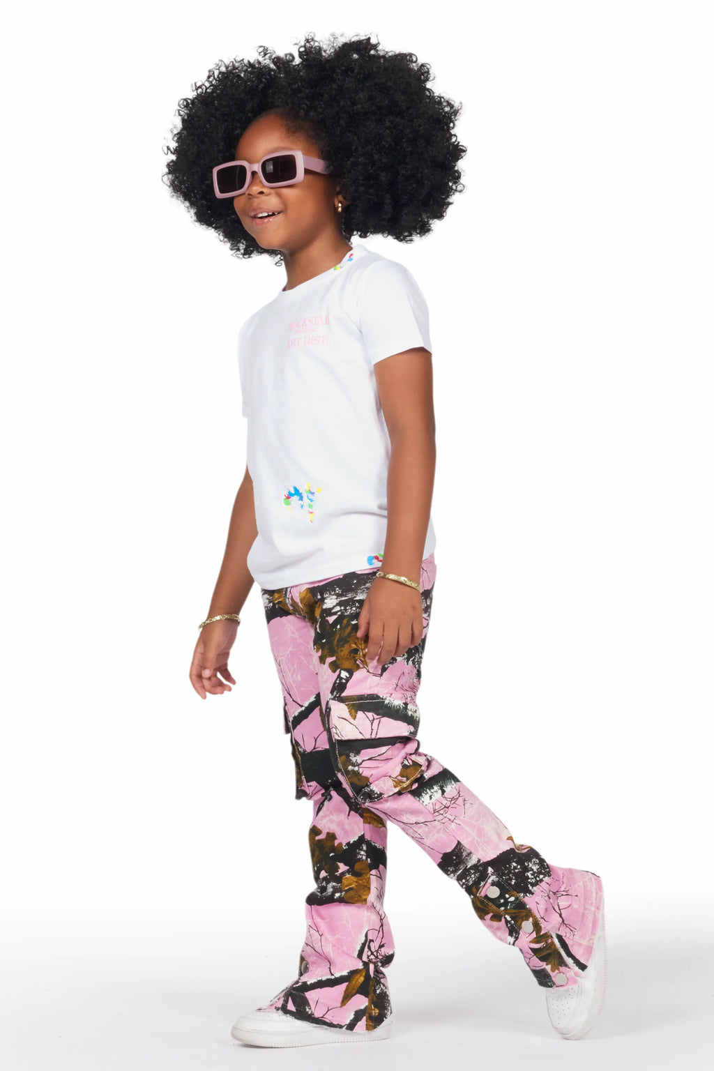 Girls Rasida White/Pink T-Shirt/Stacked Flare Jean Set