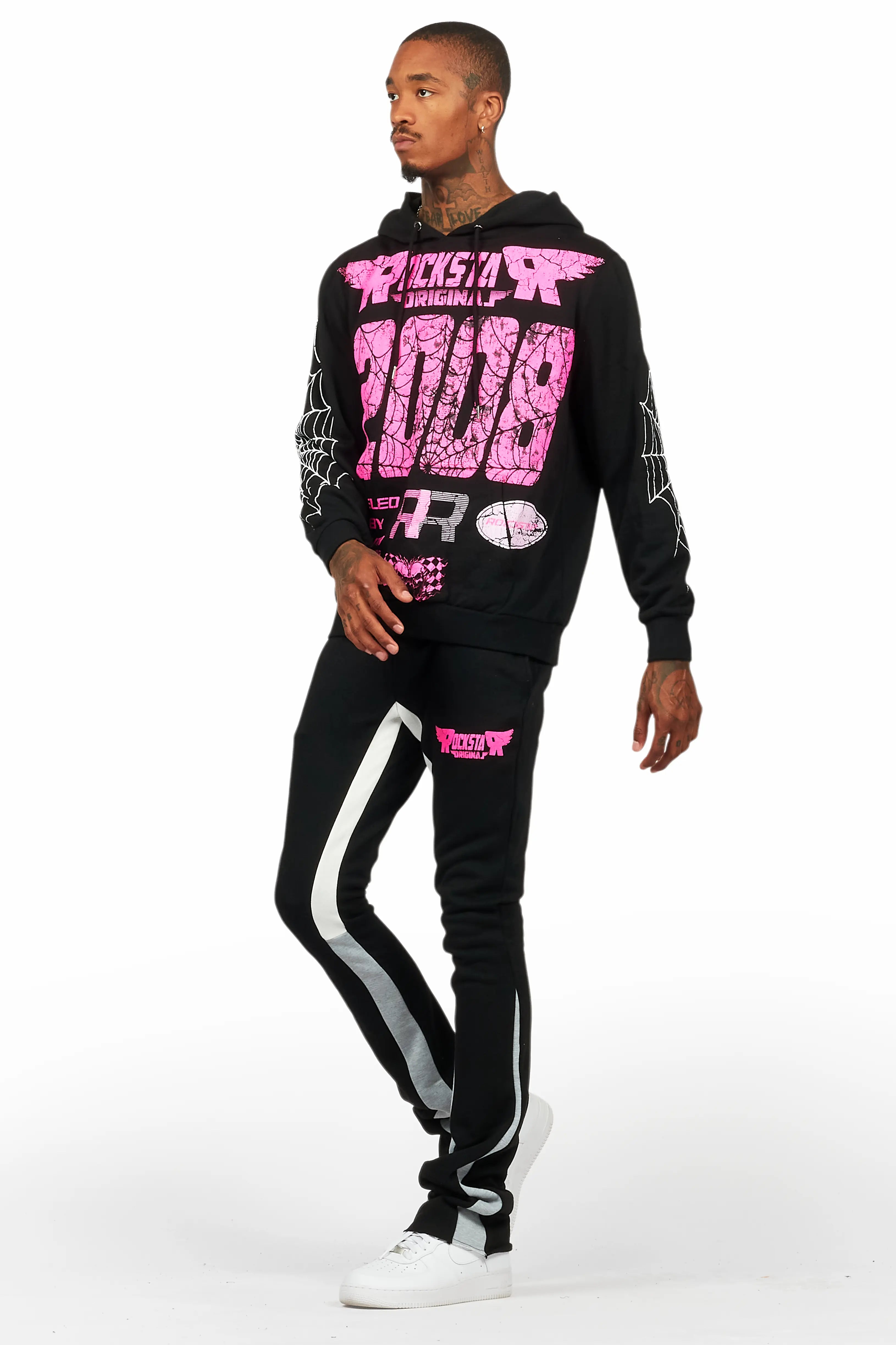 For Pinks Black Hoodie/Stack Flare Track Pant Set