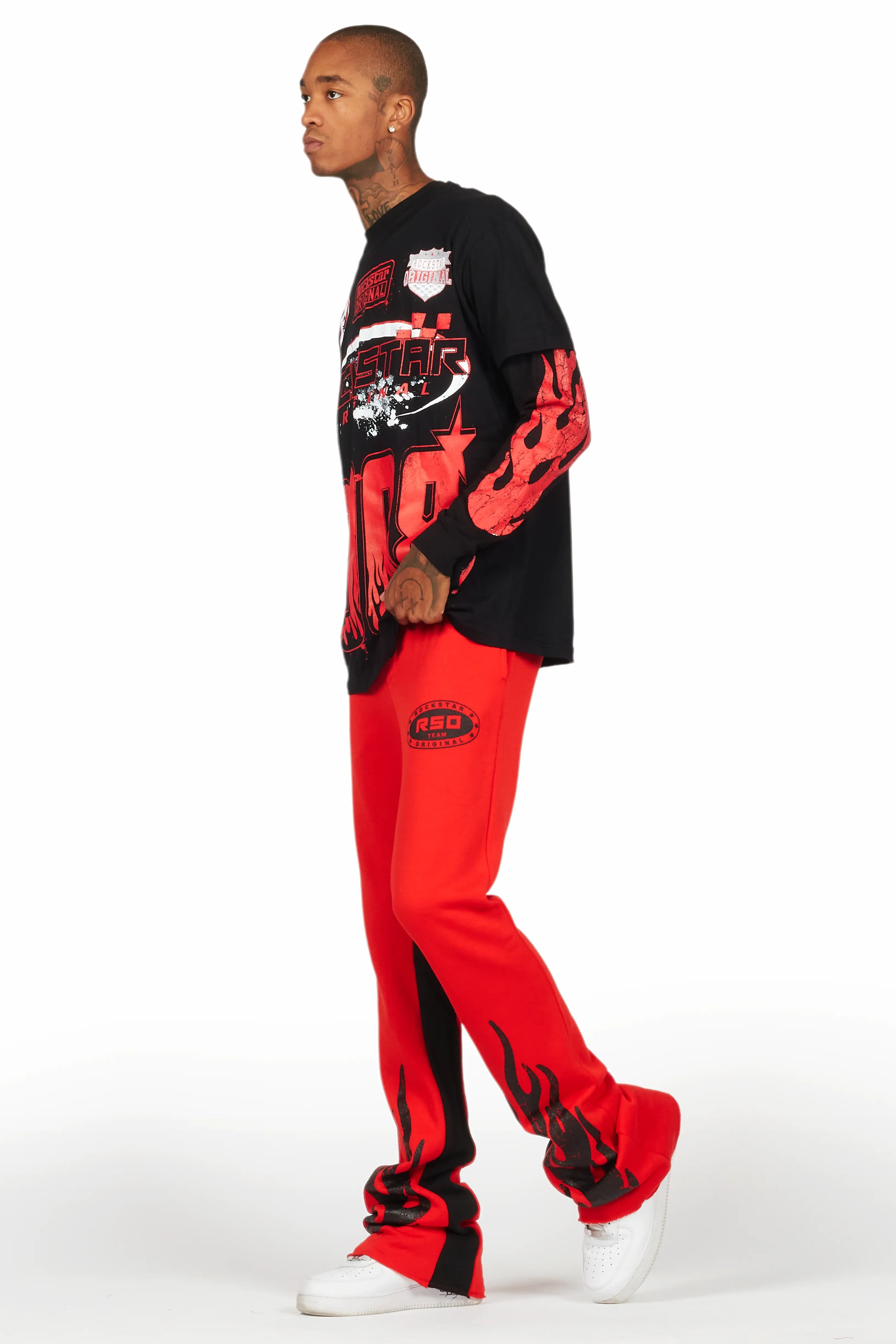 Amos Black/Red Double Layer T-Shirt/Stacked Baggy Pant Set
