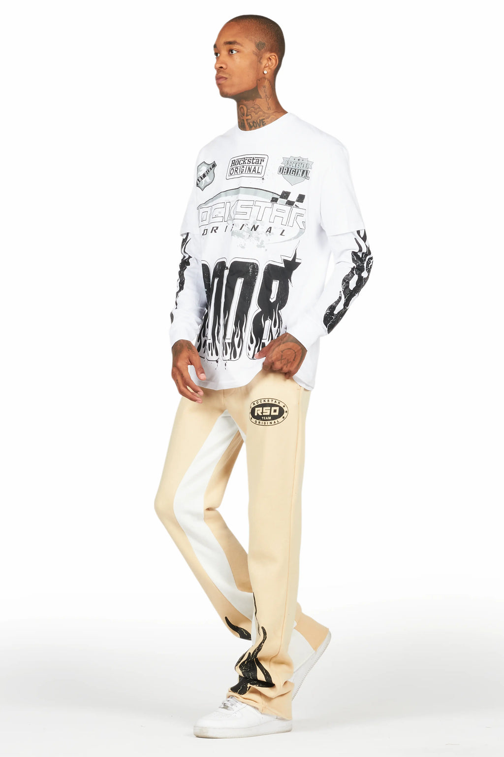 Amos White/Beige Double Layer T-Shirt/Stacked Baggy Pant Set