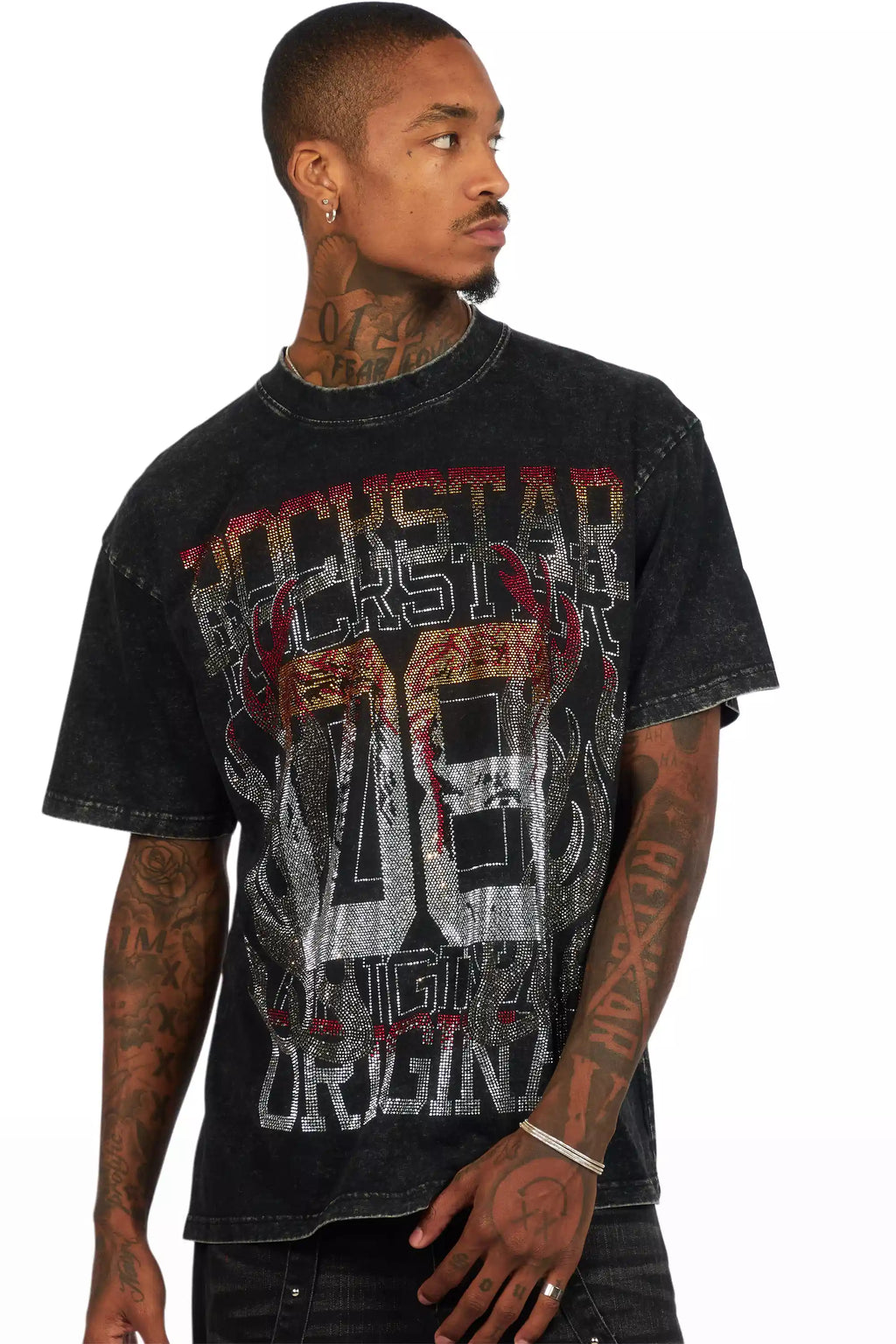 Veyene Black Graphic Rhinestone T-Shirt