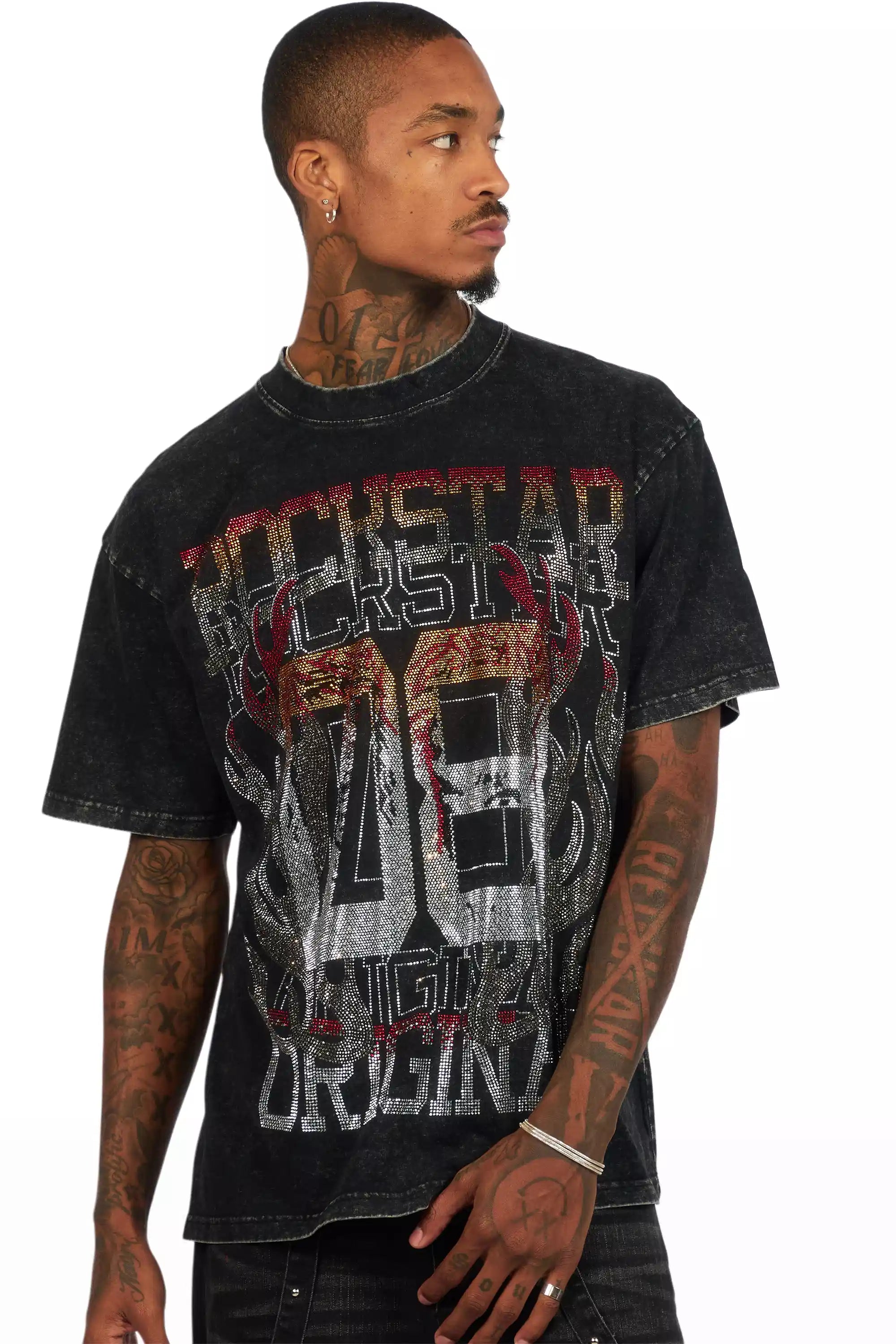 Veyene Black Graphic Rhinestone T-Shirt