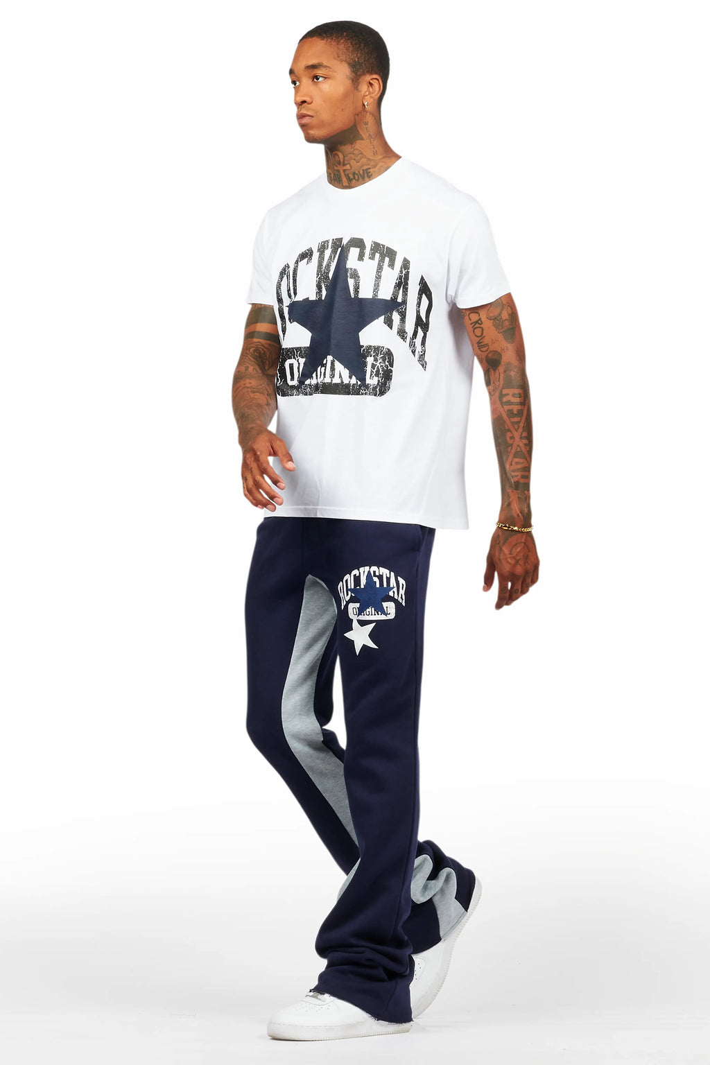 Mallor White/Navy T-Shirt/Stacked Baggy Track Pant Set