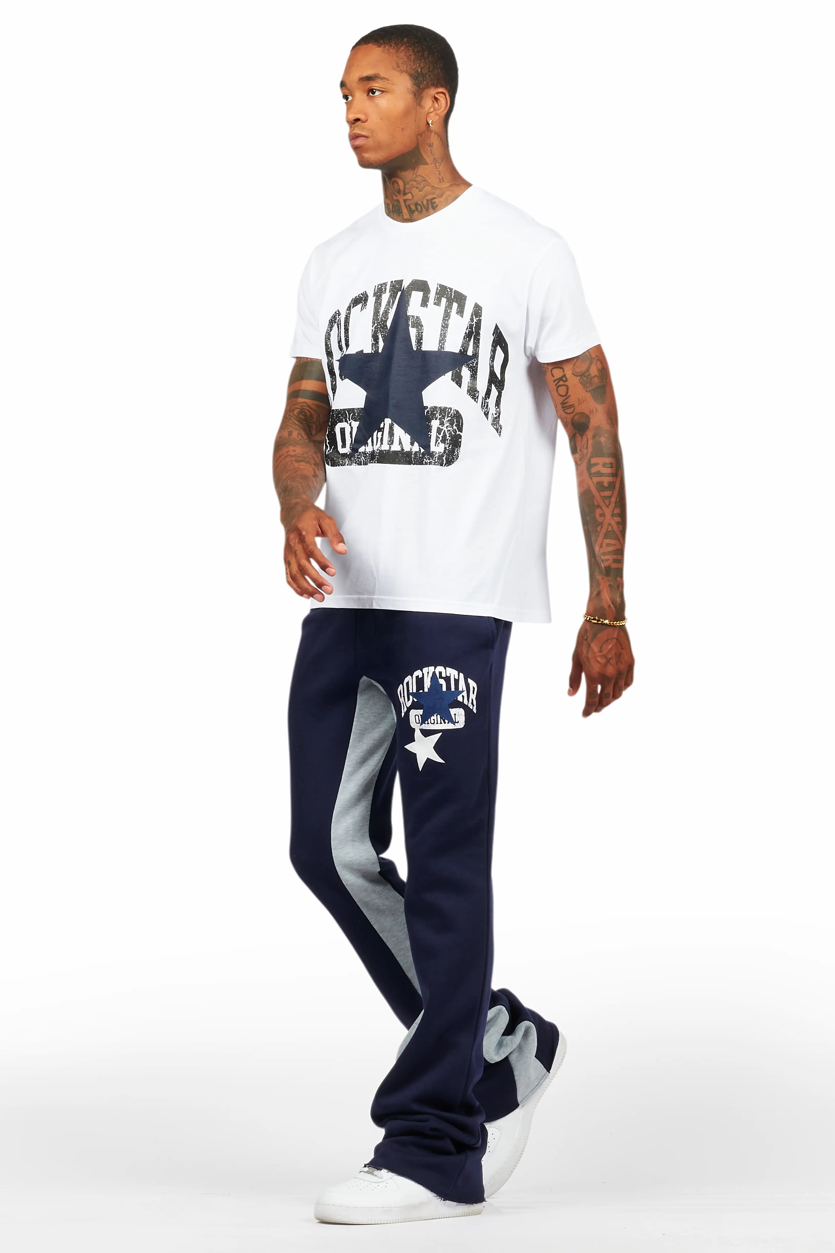 Mallor White/Navy T-Shirt/Stacked Baggy Track Pant Set