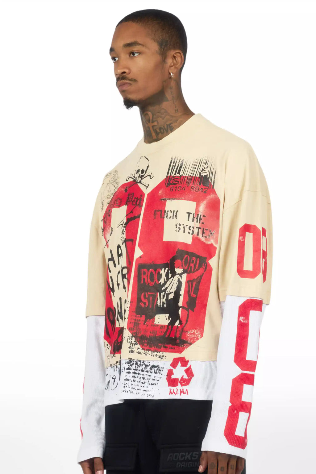 Grill Beige/Red Boxy Crop Double Layer Tee