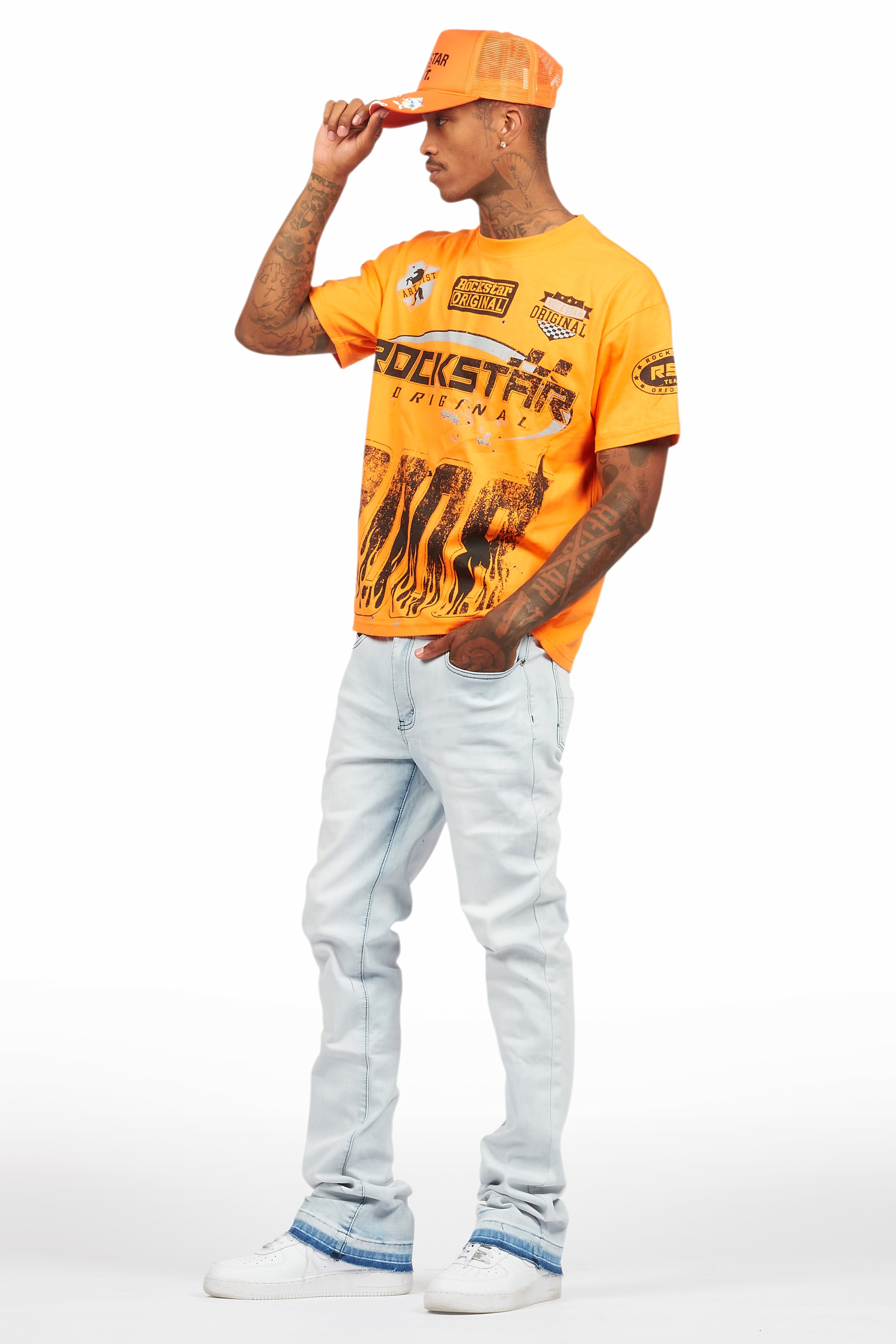 Amos Orange T-Shirt/Dag Blue Stacked Flare Jean Set