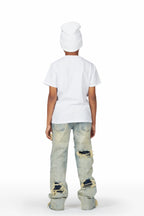 Boys Baam White/Blue T-Shirt/Stacked Flare Jean Set