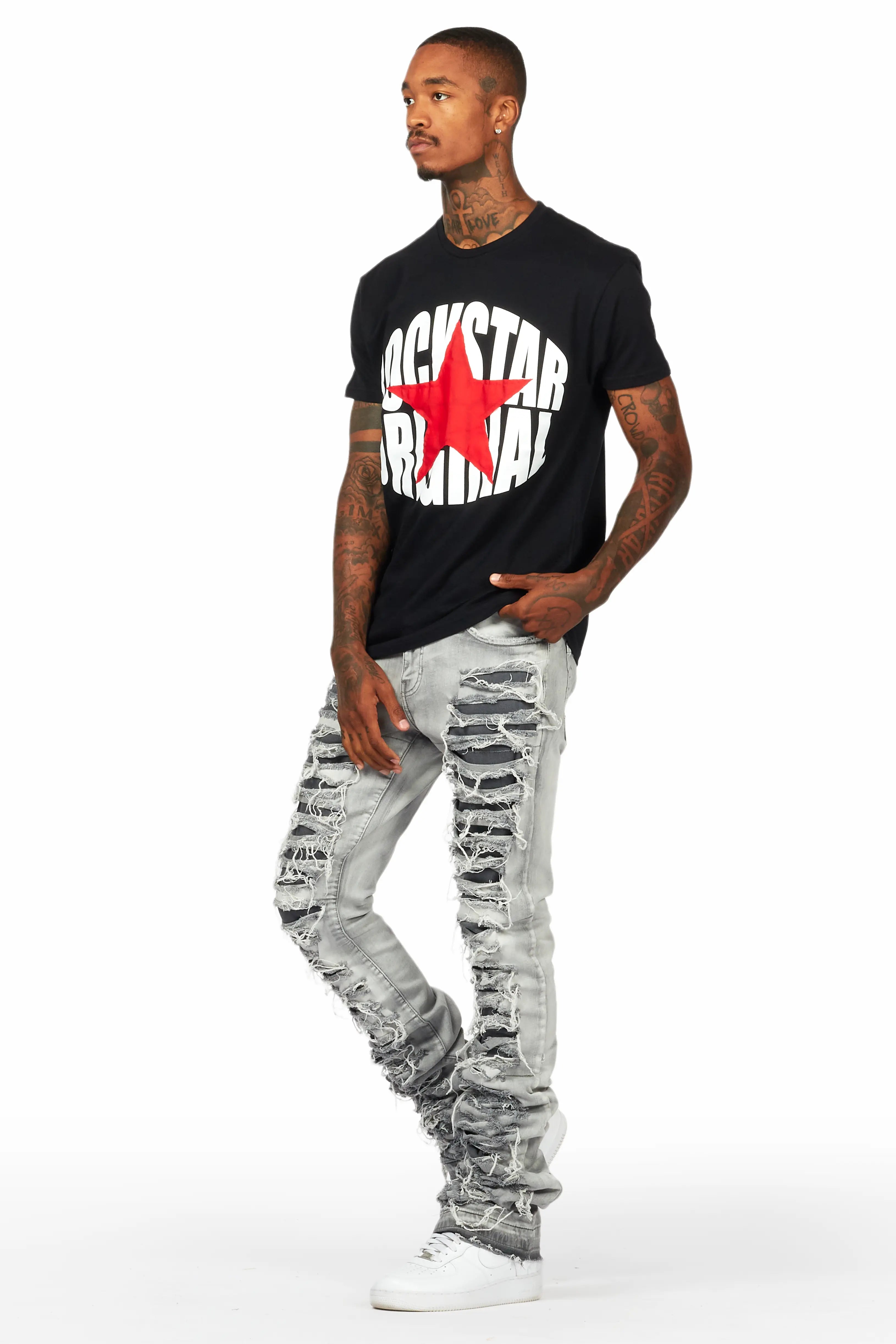 Edem Black/Grey T-Shirt Stacked Flare Jean Bundle