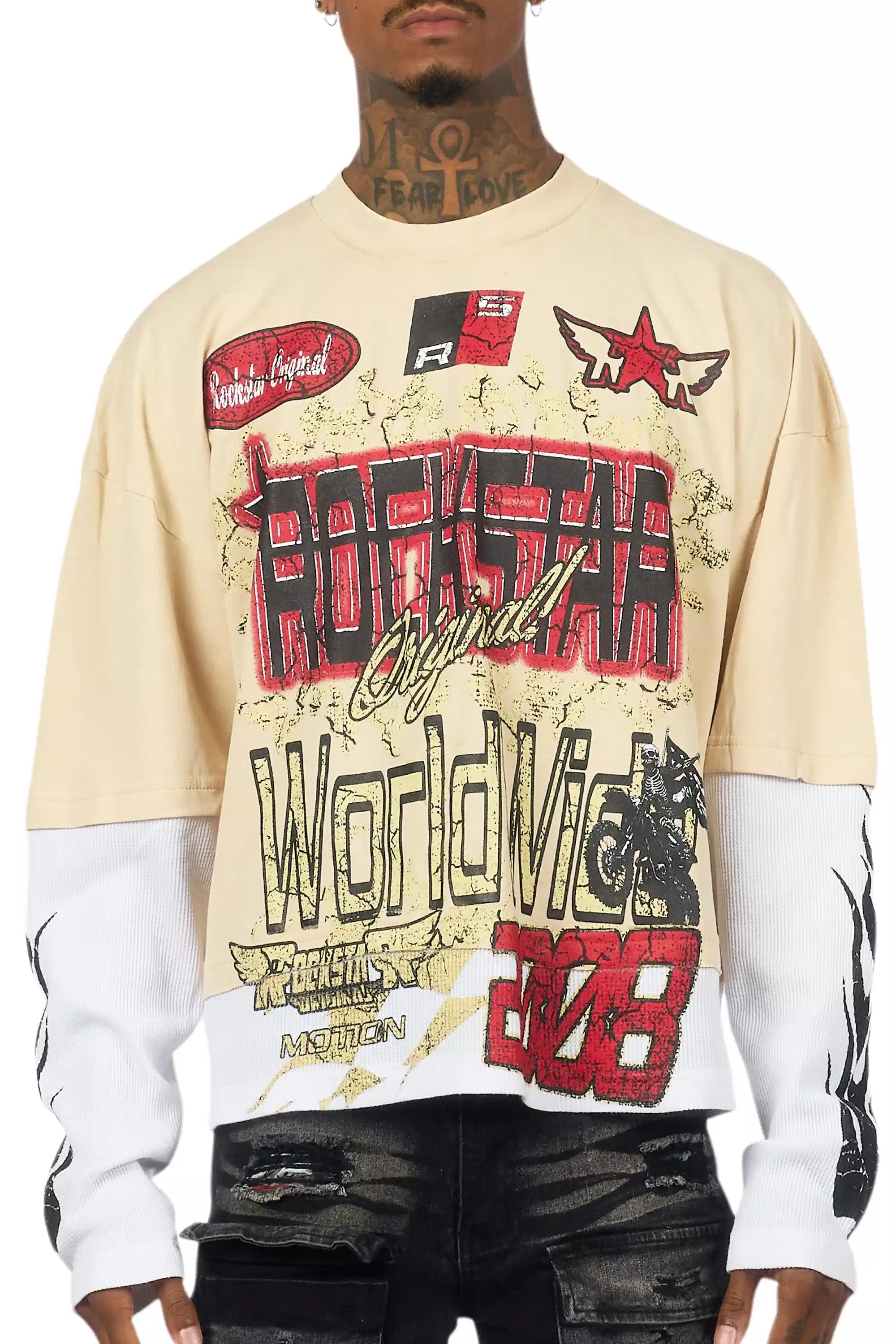 Deangelo Beige/Red Boxy Crop Double Layer Tee