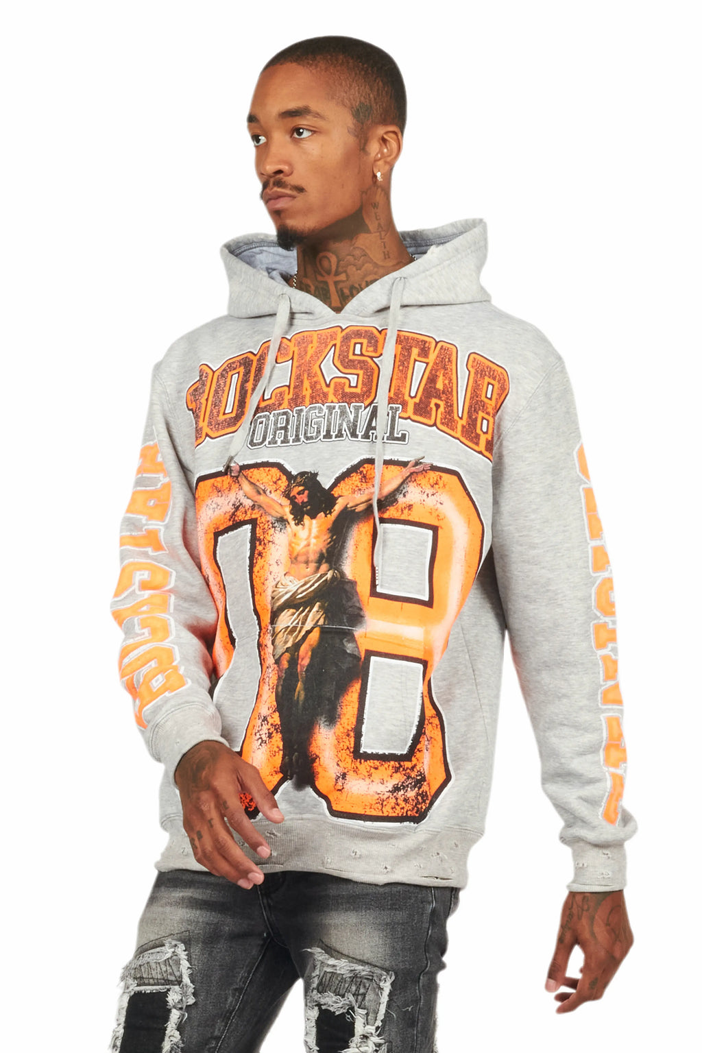 Fields Grey/Orange Distressed Graphic Hoodie