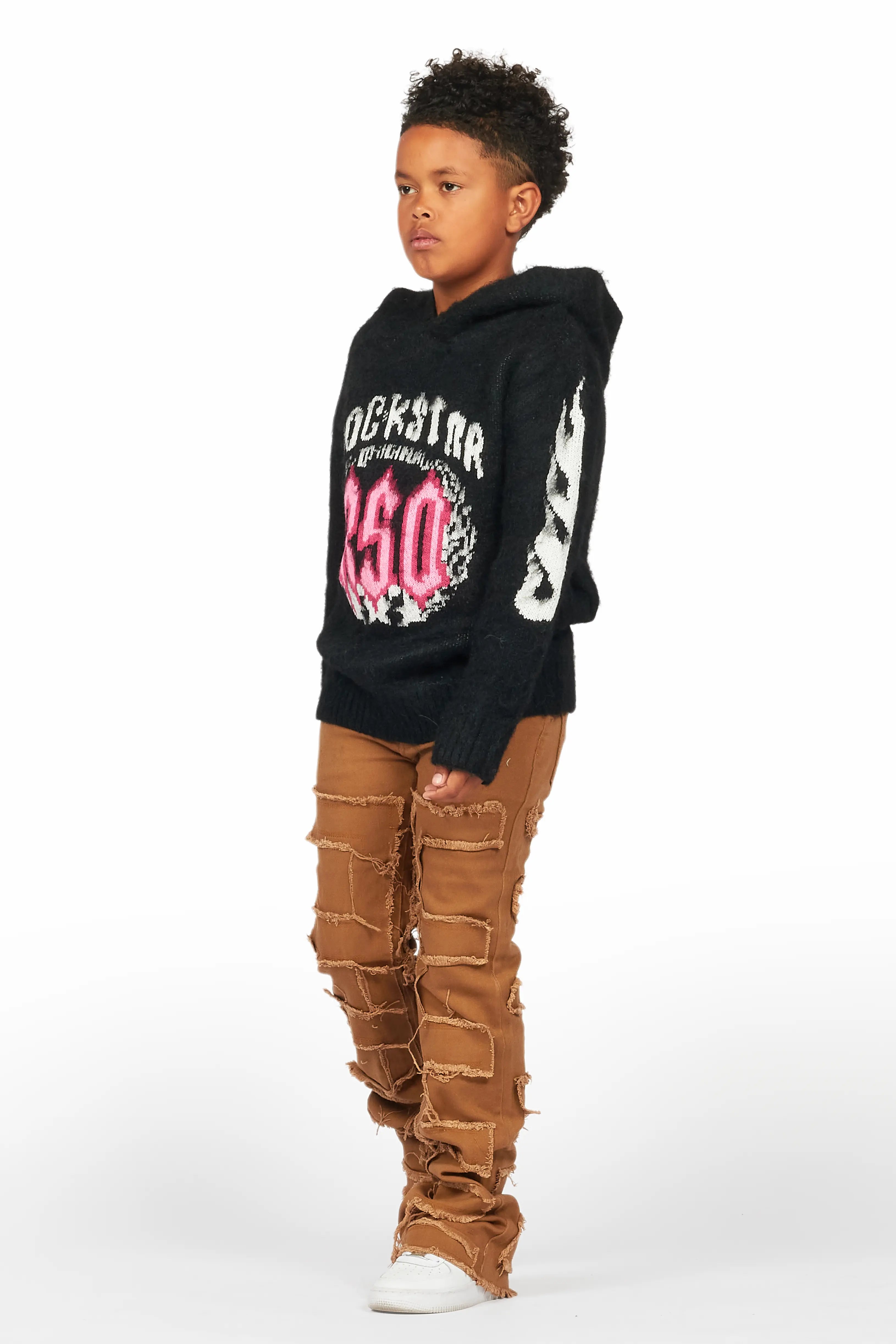 Boys Kanan Black Mohair Hoodie/Stacked Flare Jean Set