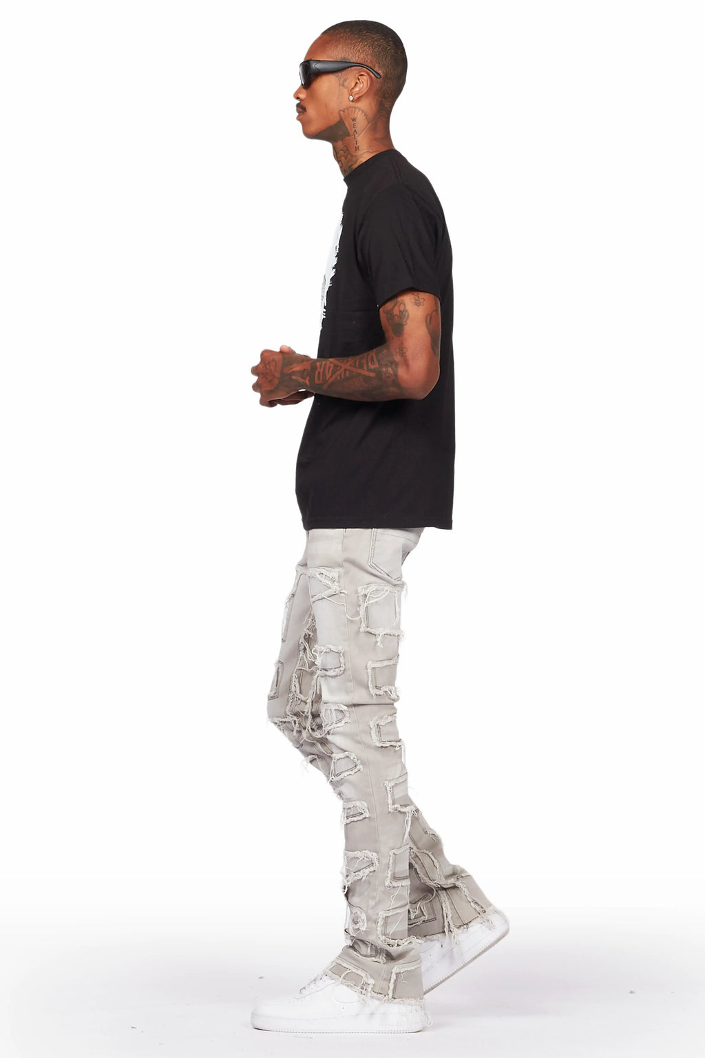 Ponce Black T-Shirt & Shake Grey Stacked Flare Jean Bundle