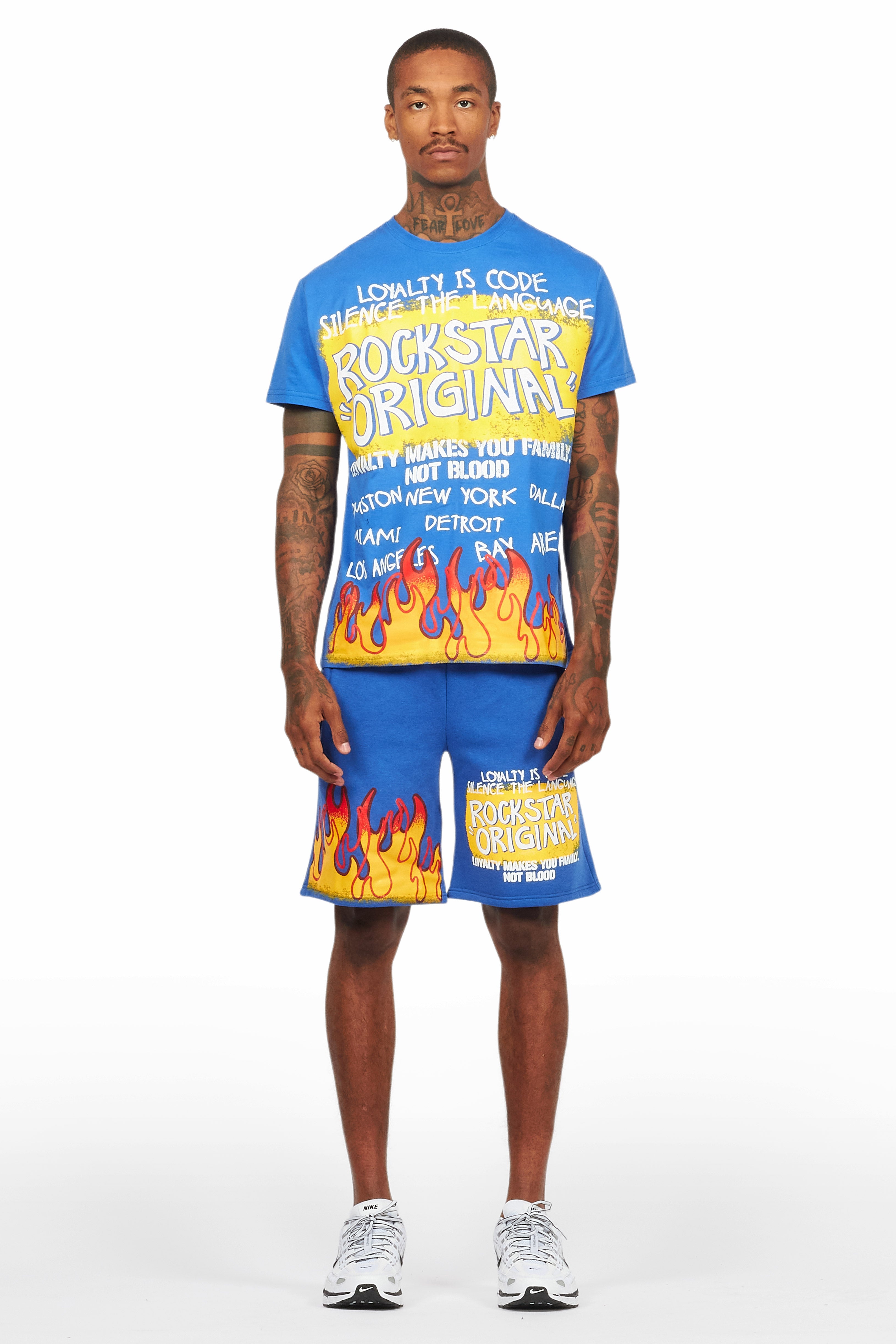 Beno Royal Blue Graphic T-Shirt Short Set