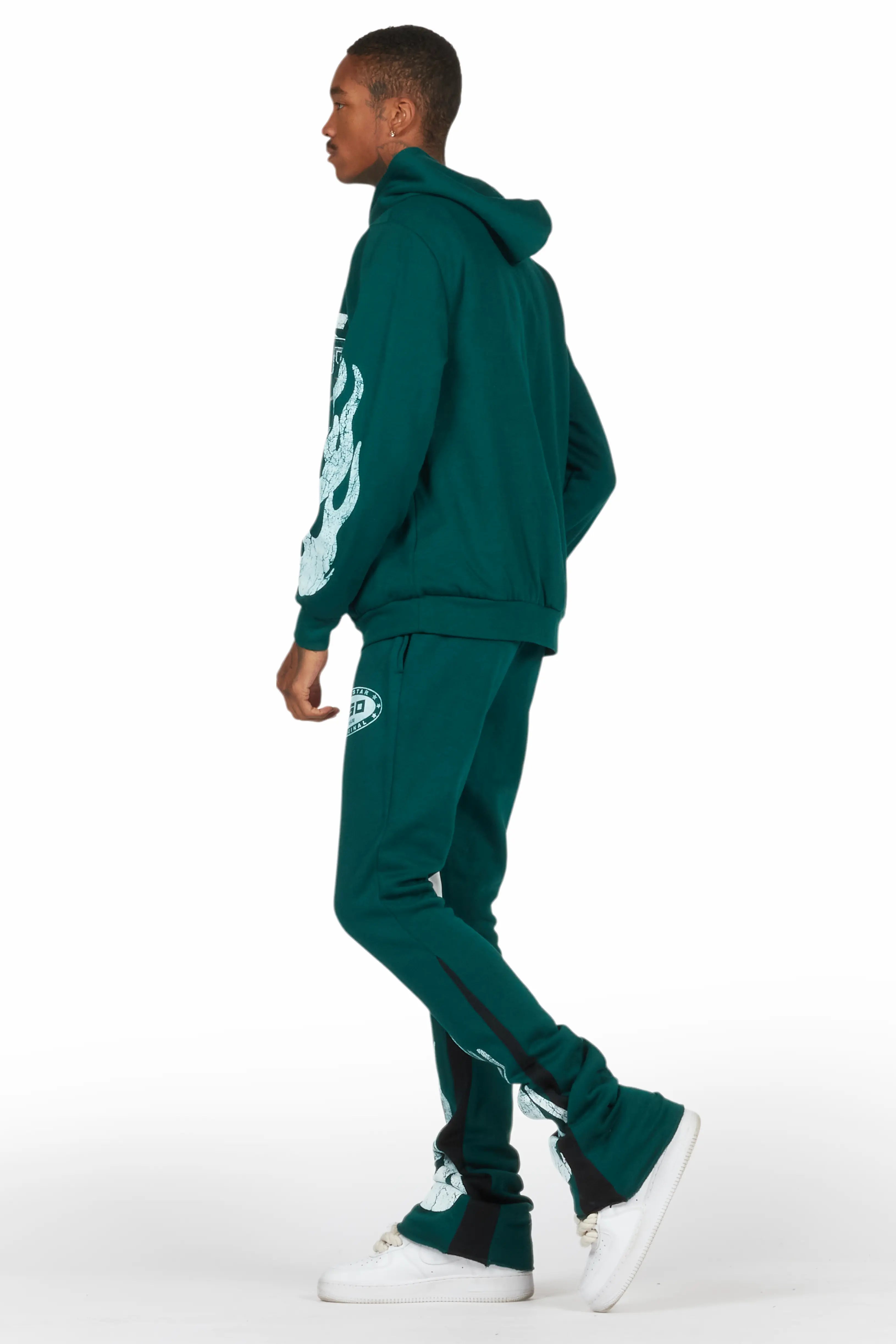 Amos Dark Green Stacked Flare Hoodie Track Set