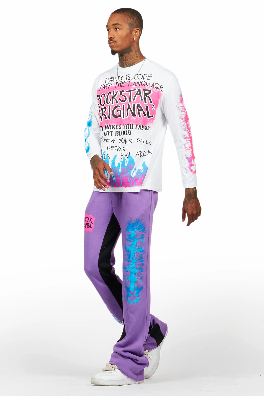 Beno Purple/White Long Sleeve T-Shirt/Baggy Pant Set