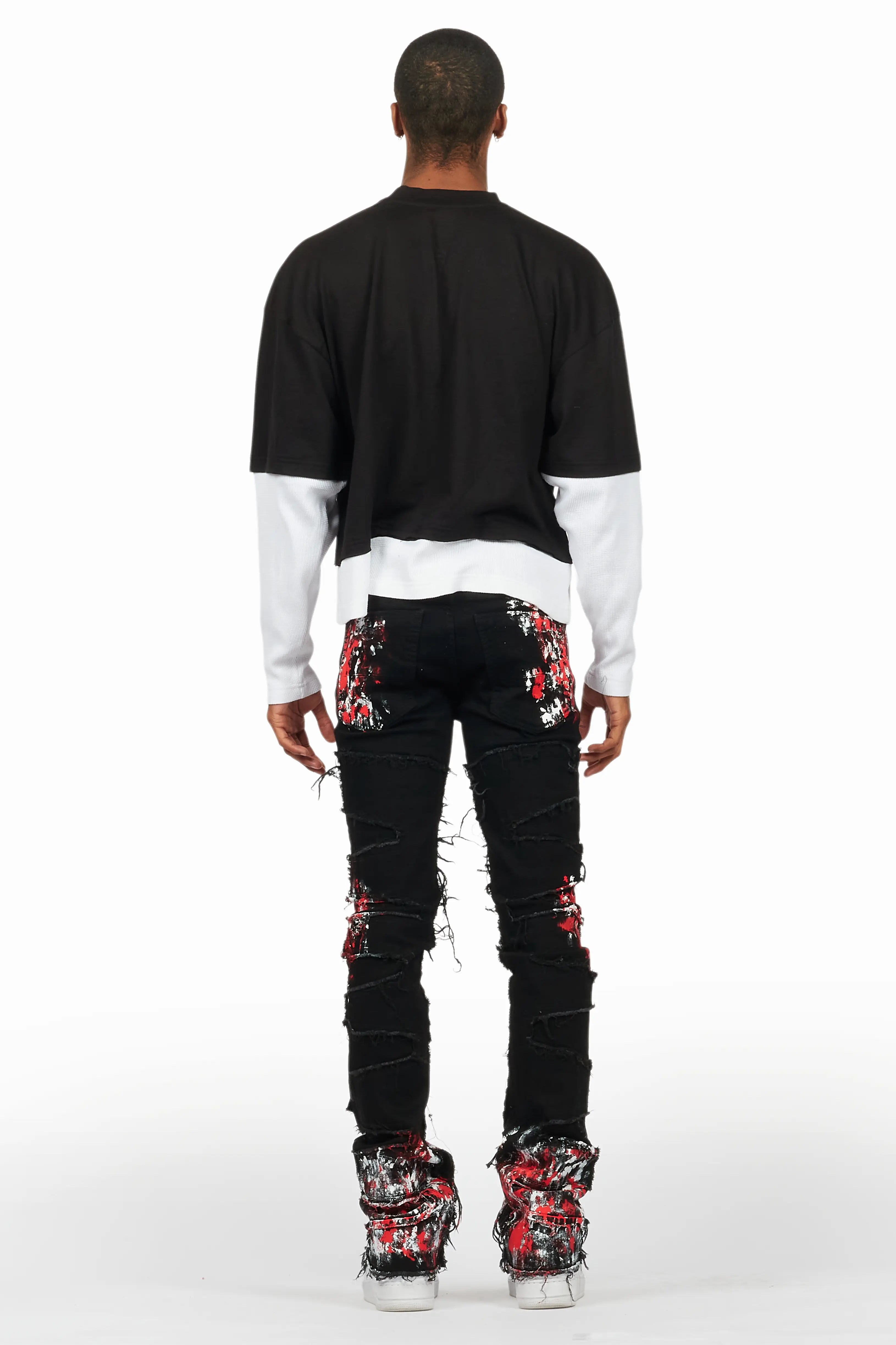 Kodak Black/Red Painter Stacked Flare Fringe Jean