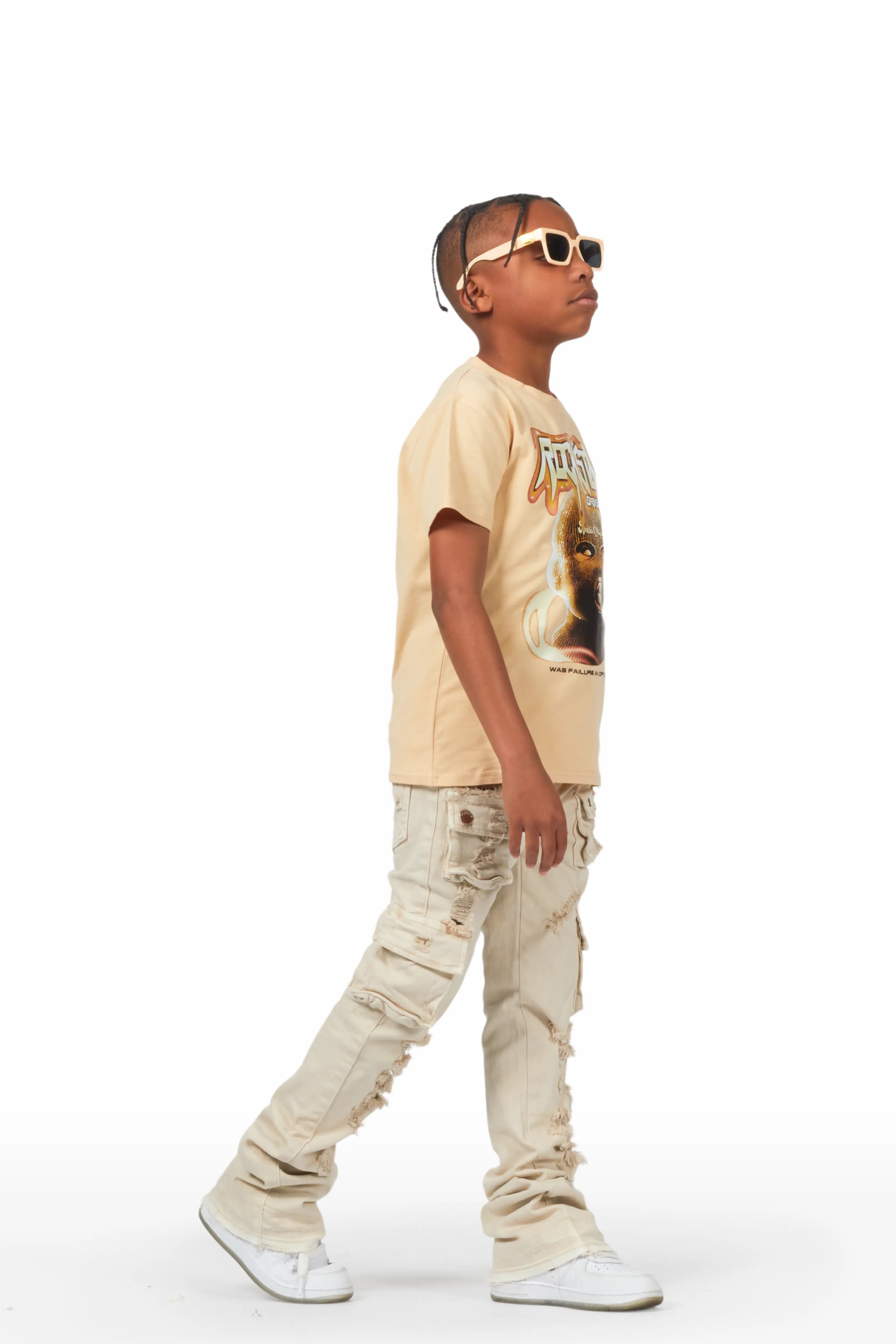 Boys Zaire Beige Cargo Super Stacked Flare Jean