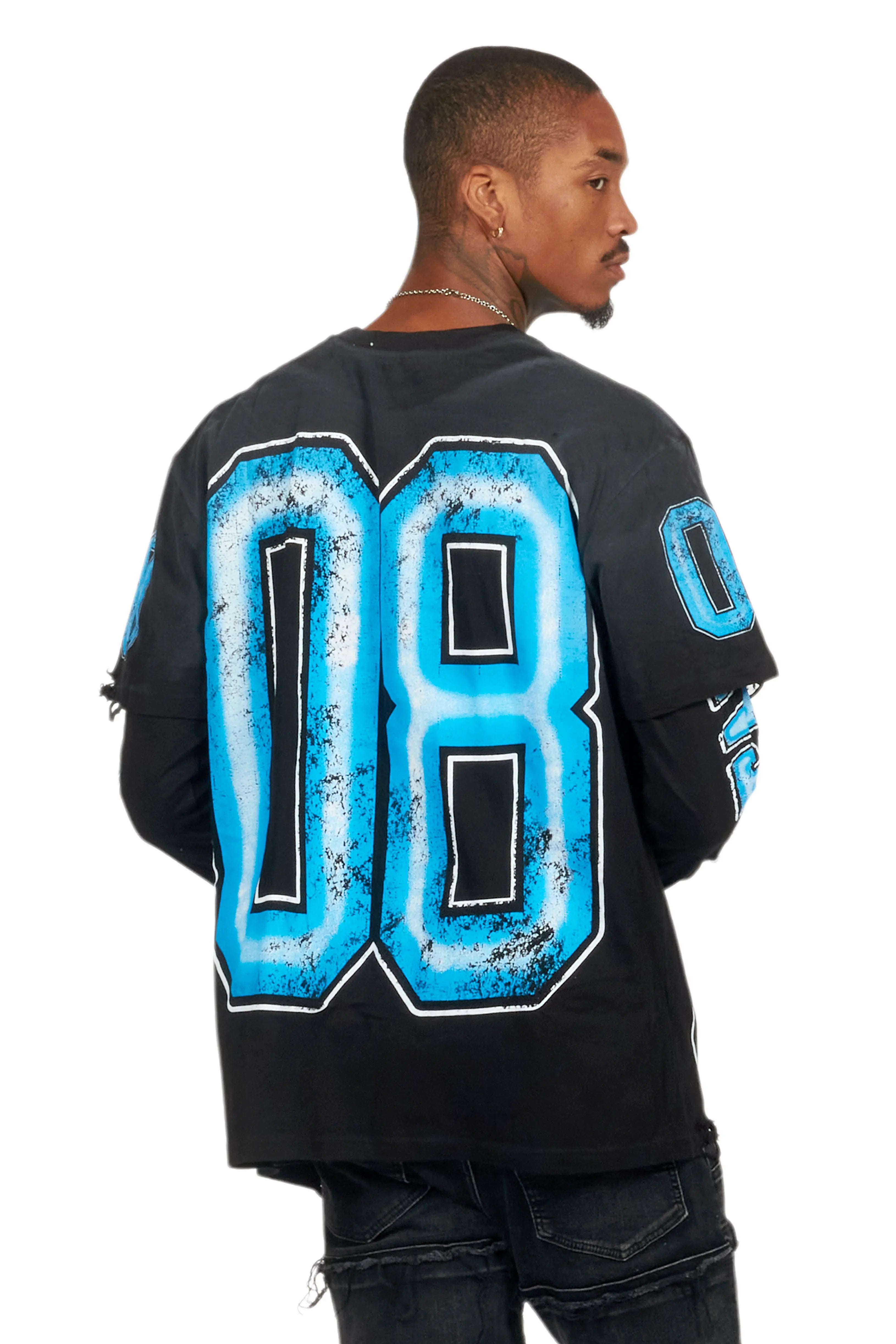 Fields Black/Blue Double Layer Long Sleeve Graphic T-Shirt
