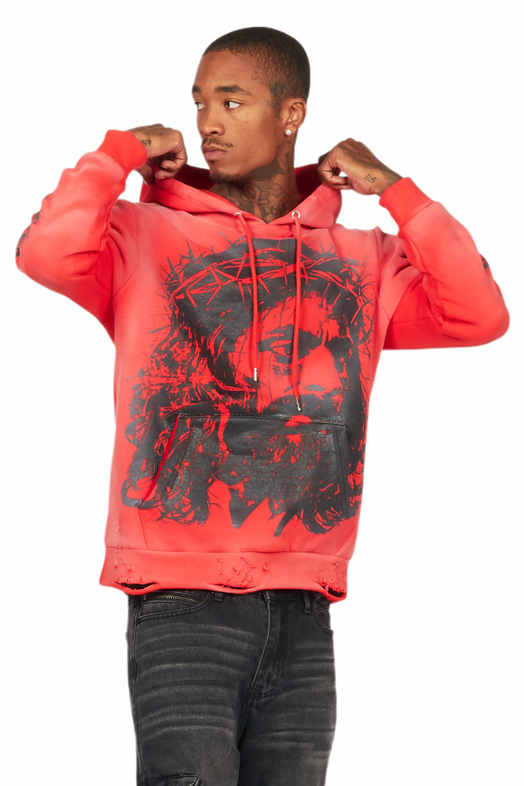 Bedros Red Graphic Distressed Hoodie
