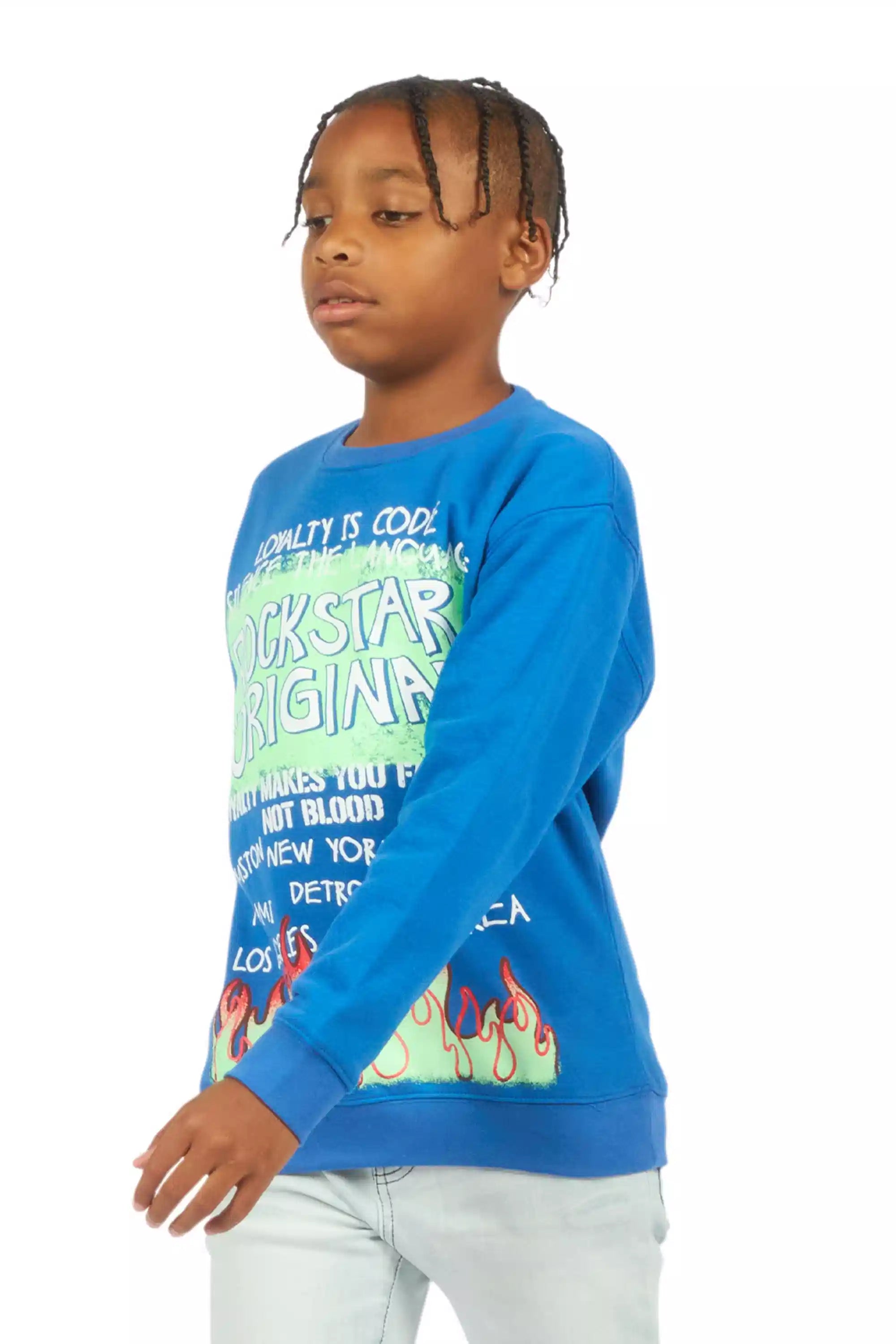 Boys Beno Royal Blue/Green Graphic Crewneck