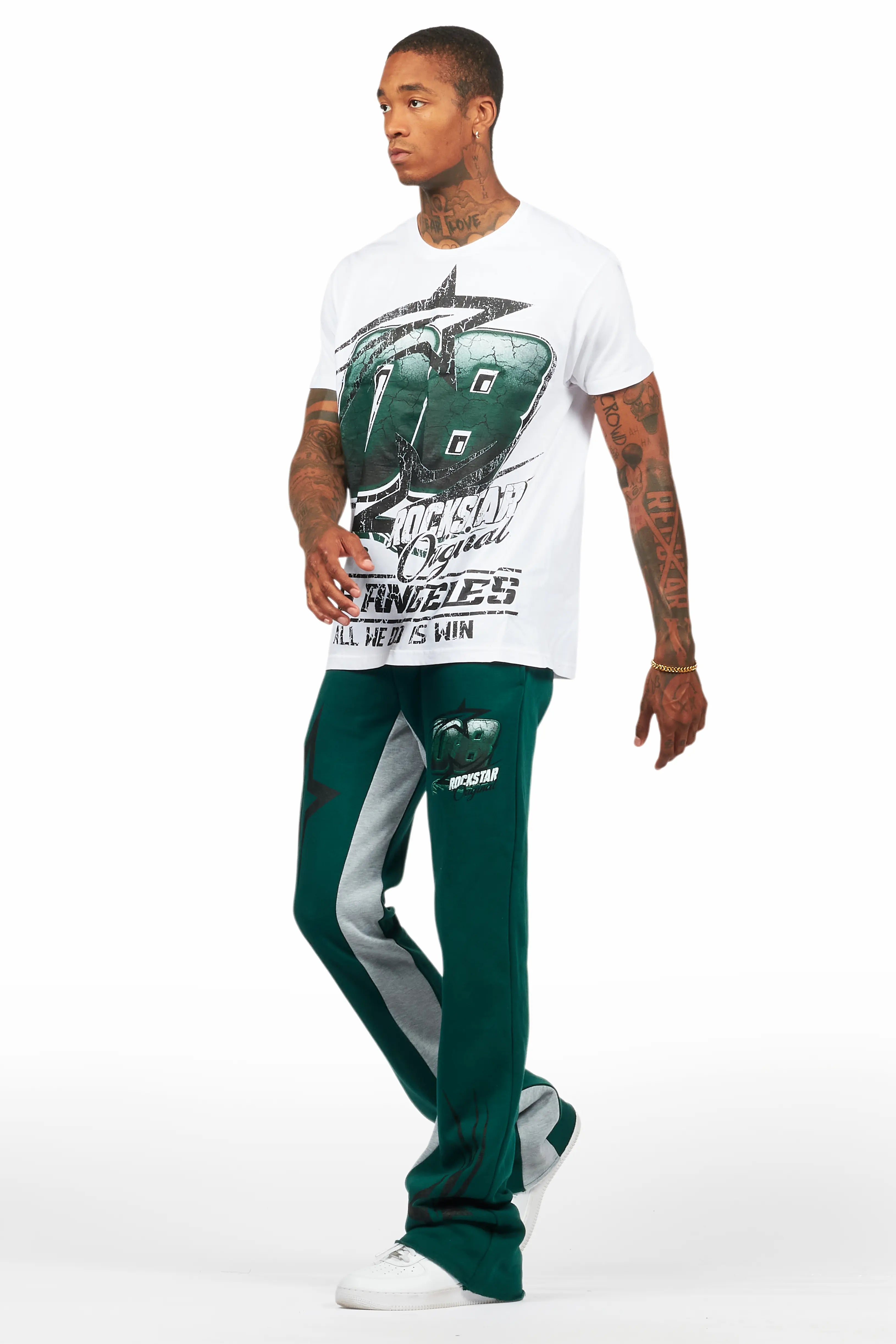 Kastell White/Green T-Shirt/Stacked Baggy Track Pant Set
