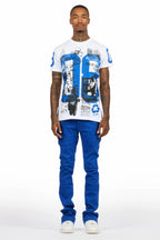 Grill White/Royal Blue Oversized Graphic T-Shirt/Dag Stacked Flare Jean Set