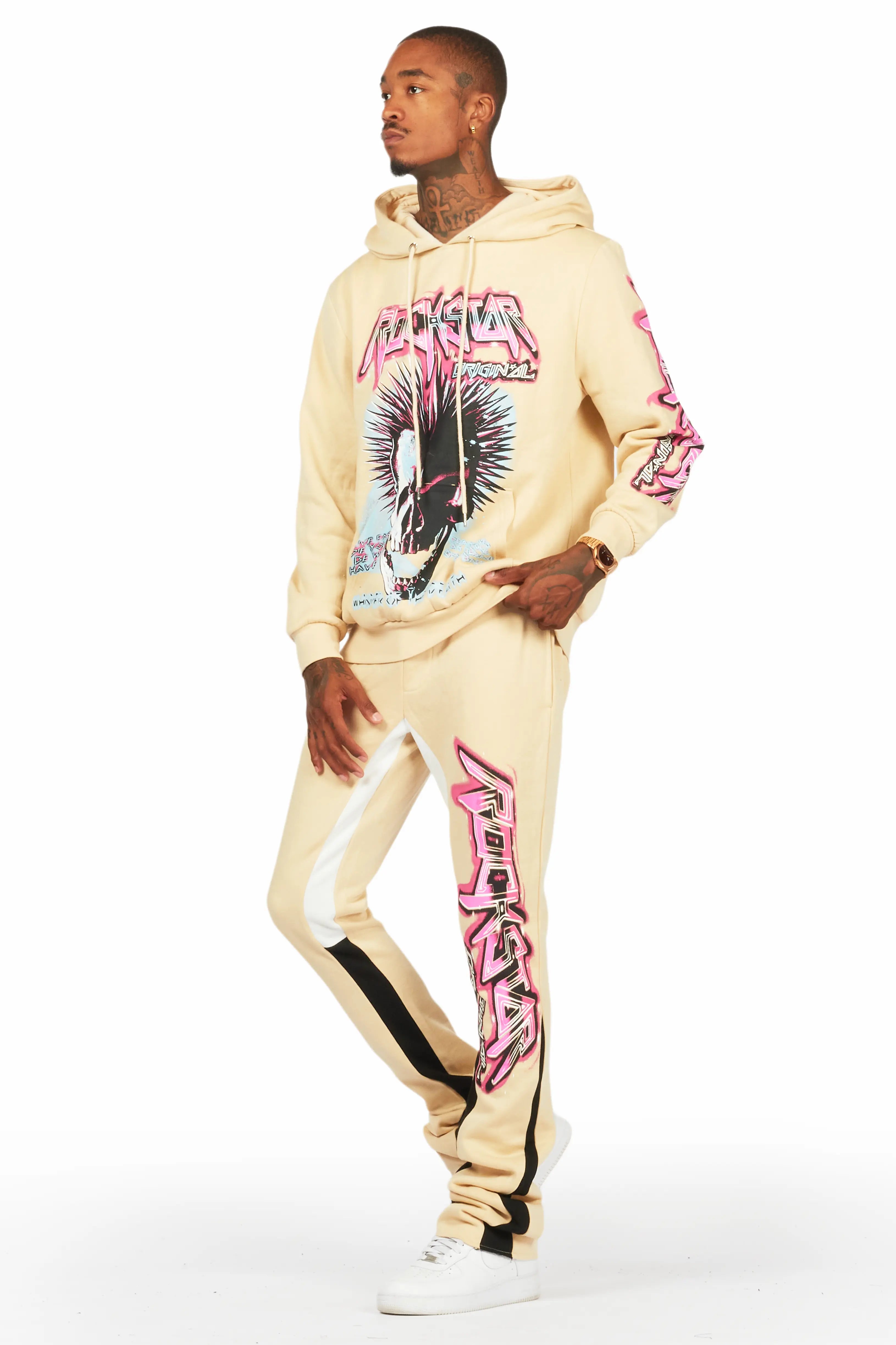 Obern Beige/Black Graphic Hoodie/Stacked Flare Pant Track Set