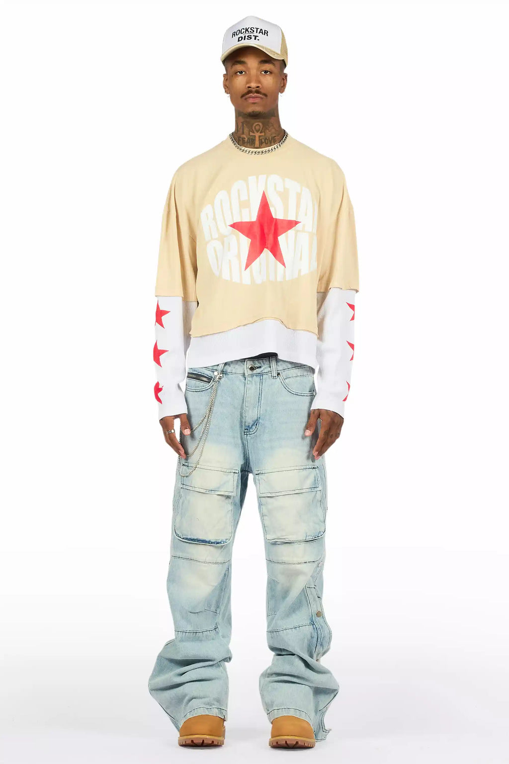 States Beige/White Boxy Crop Double Layer Tee