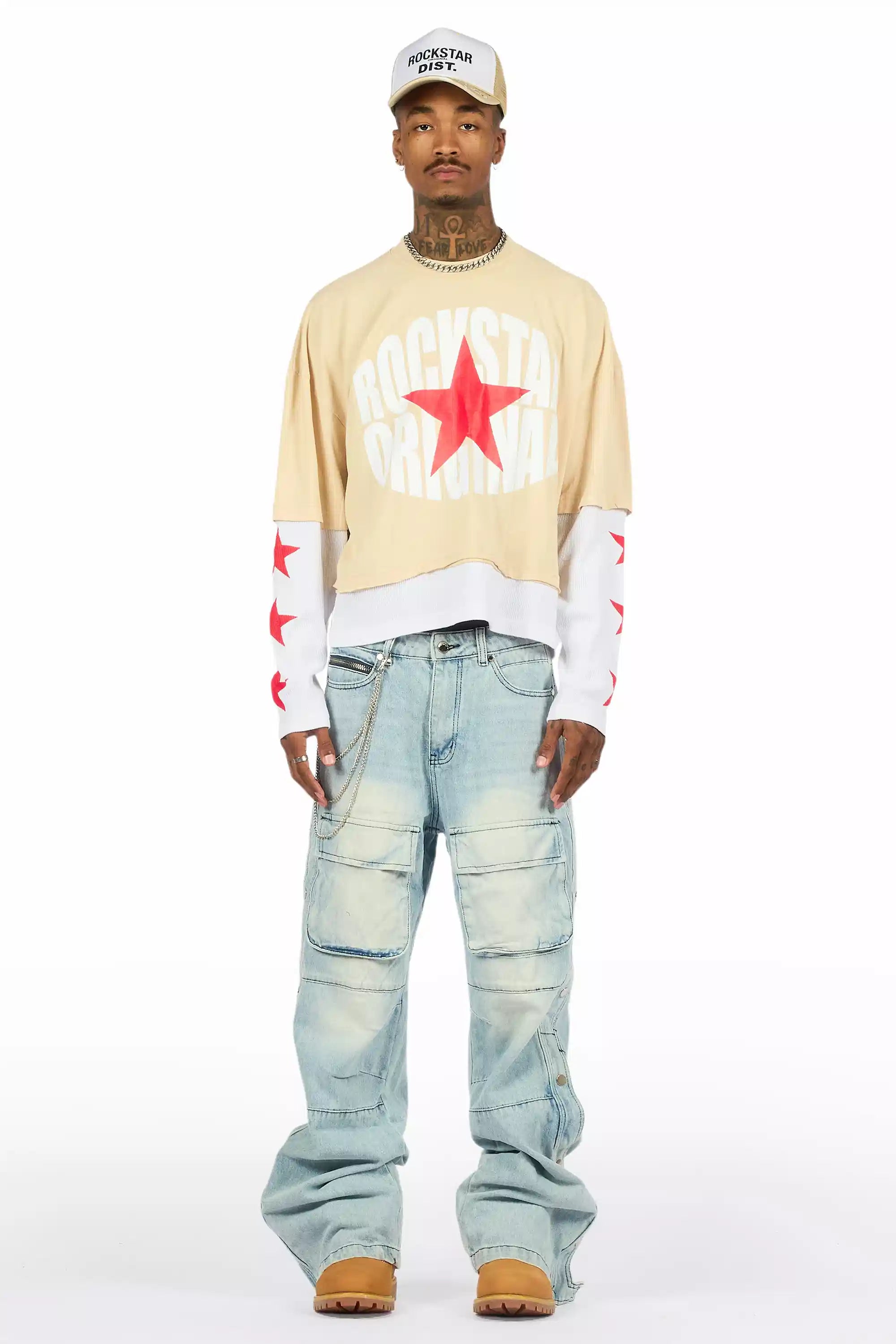 States Beige/White Boxy Crop Double Layer Tee