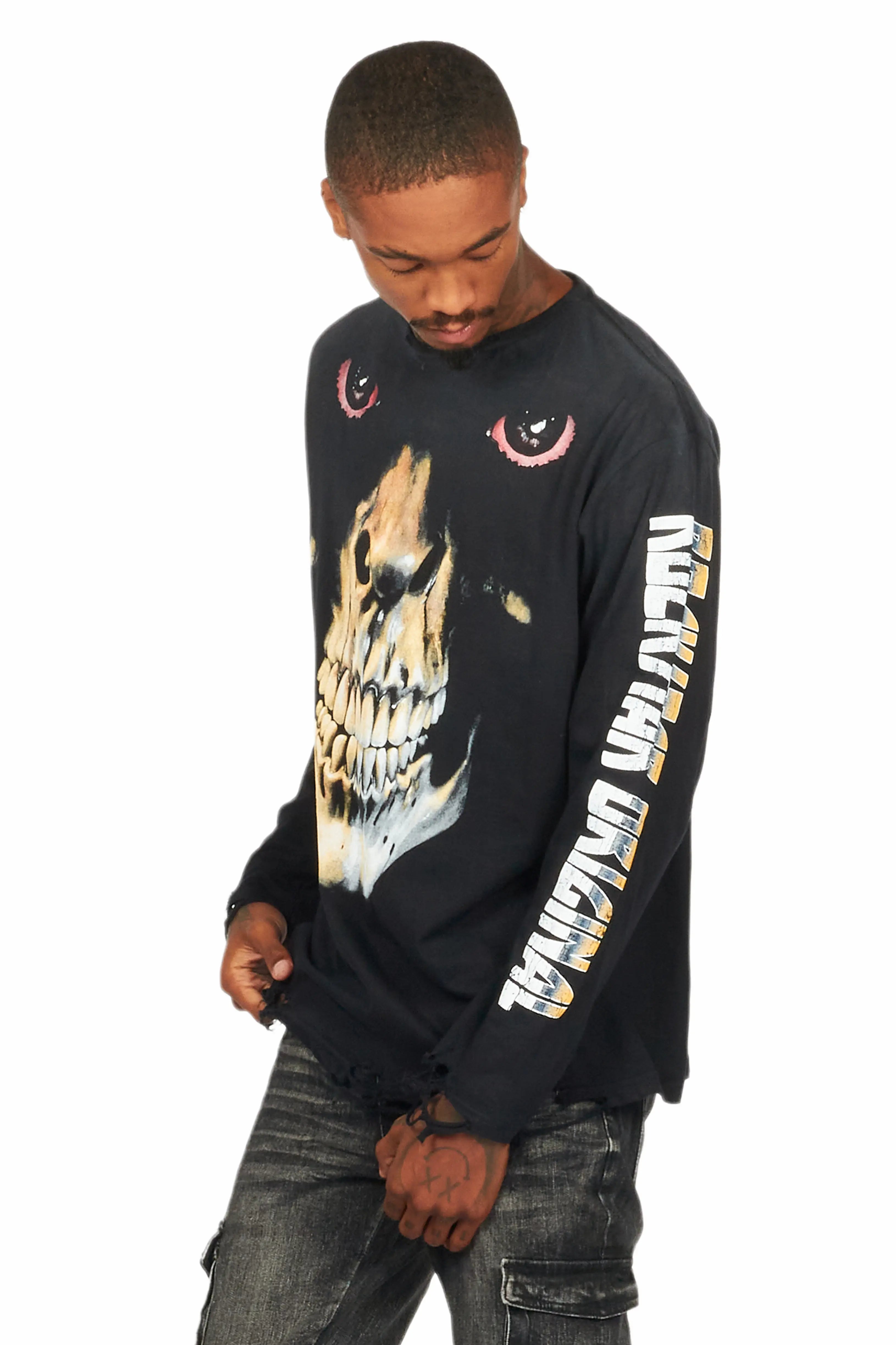 Dunebi Black Long Sleeve Distressed Graphic T-Shirt